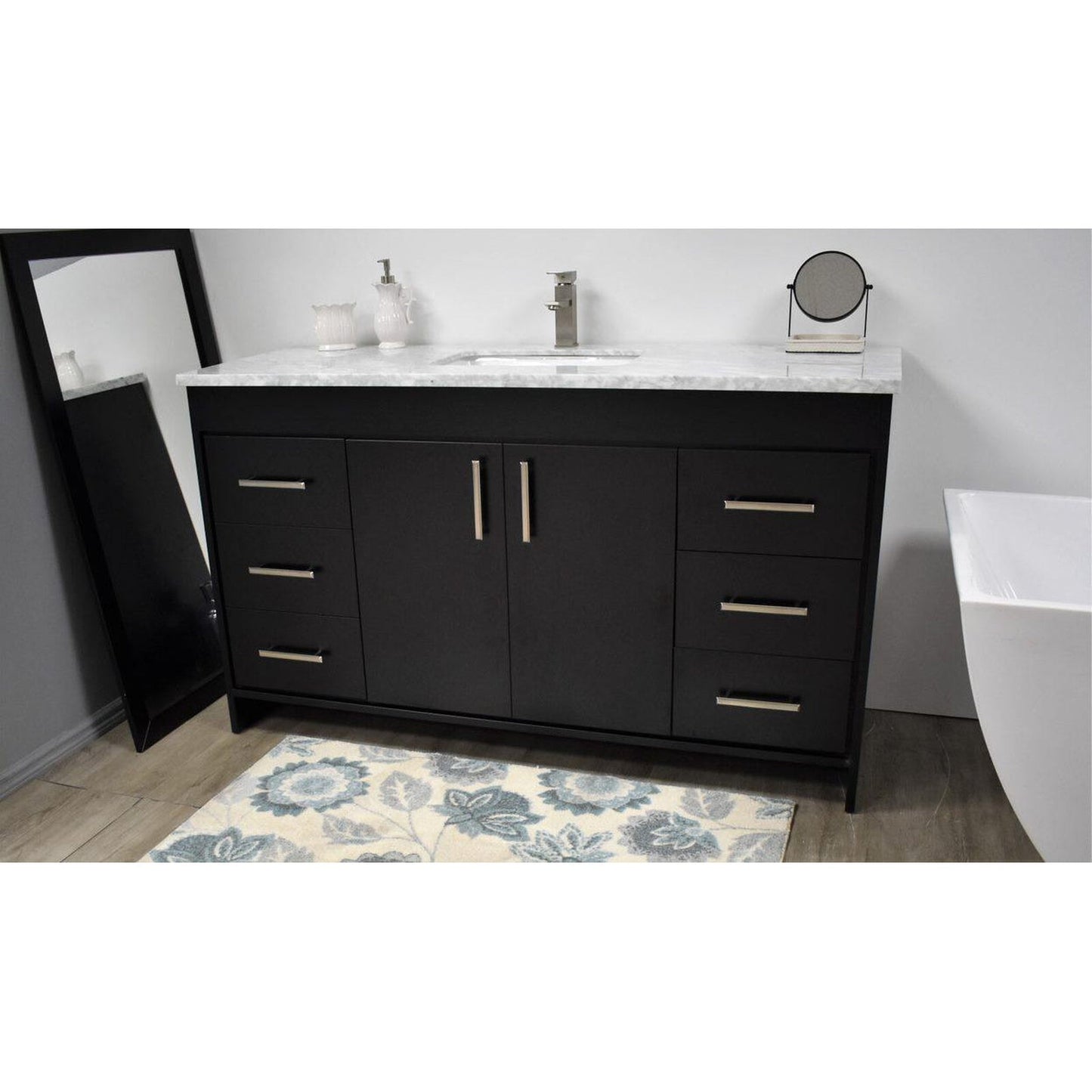 Volpa USA Capri 60" x 22" Black Freestanding Modern Bathroom Vanity With Undermount Single Sink And Carrara Marble Top With Brushed Nickel Edge Handles