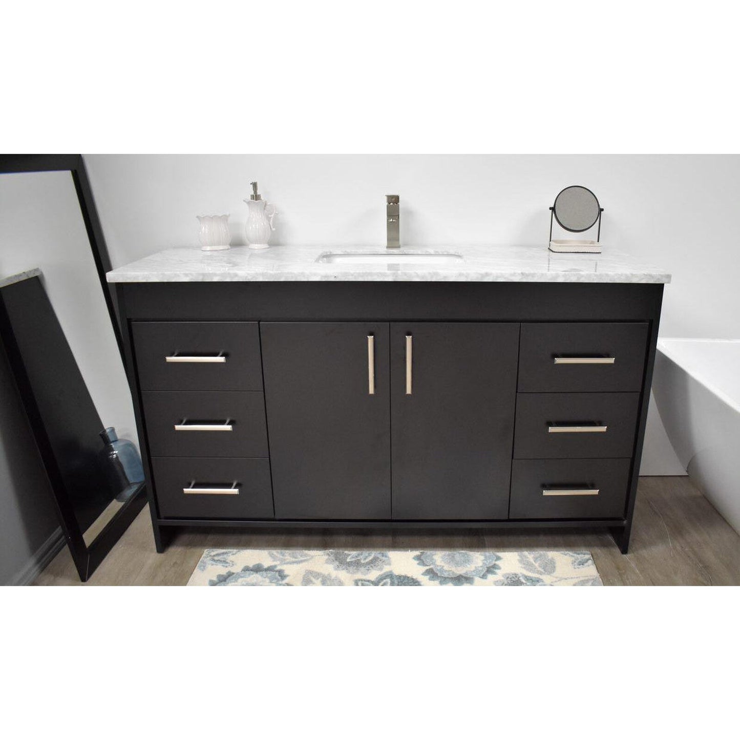 Volpa USA Capri 60" x 22" Black Freestanding Modern Bathroom Vanity With Undermount Single Sink And Carrara Marble Top With Brushed Nickel Edge Handles