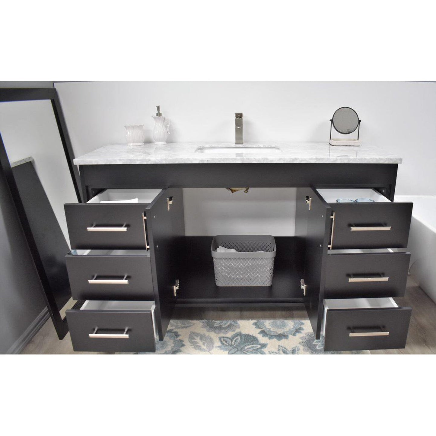 Volpa USA Capri 60" x 22" Black Freestanding Modern Bathroom Vanity With Undermount Single Sink And Carrara Marble Top With Brushed Nickel Edge Handles