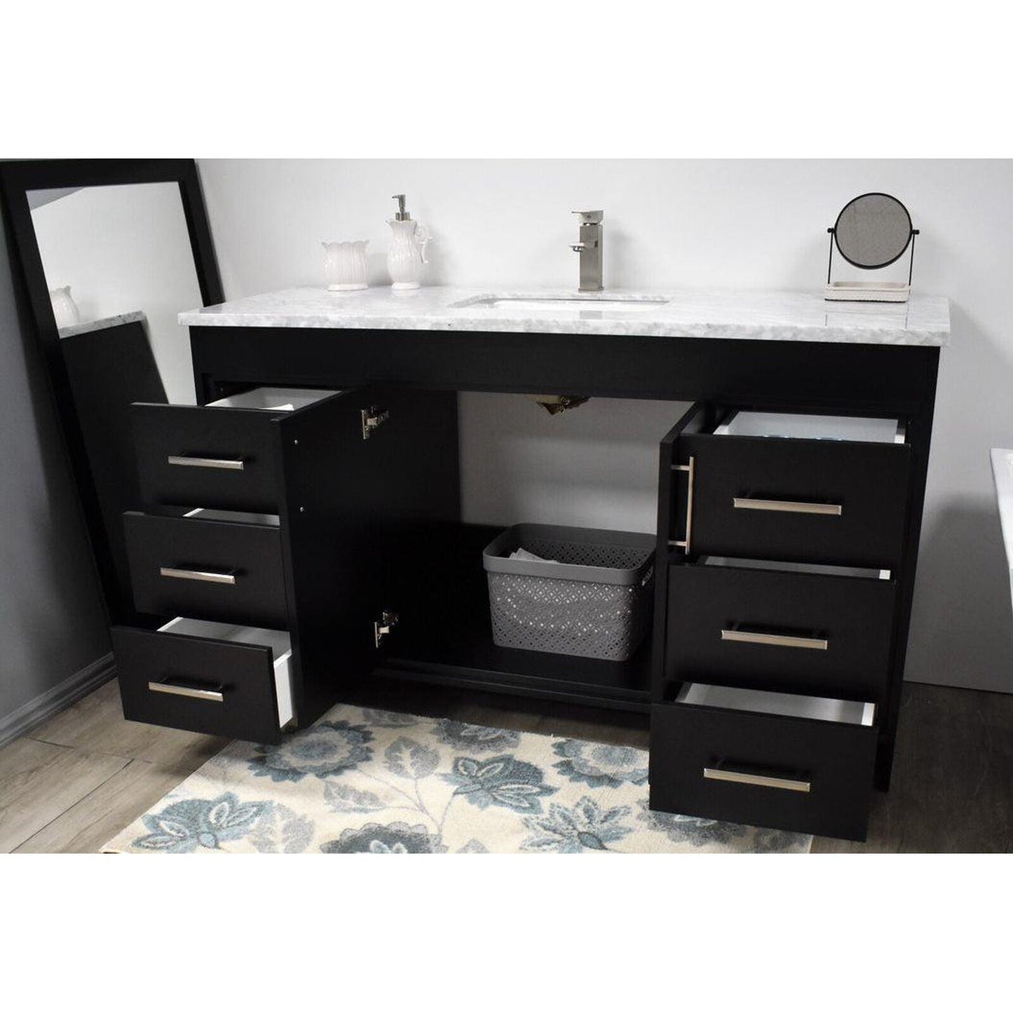 Volpa USA Capri 60" x 22" Black Freestanding Modern Bathroom Vanity With Undermount Single Sink And Carrara Marble Top With Brushed Nickel Edge Handles