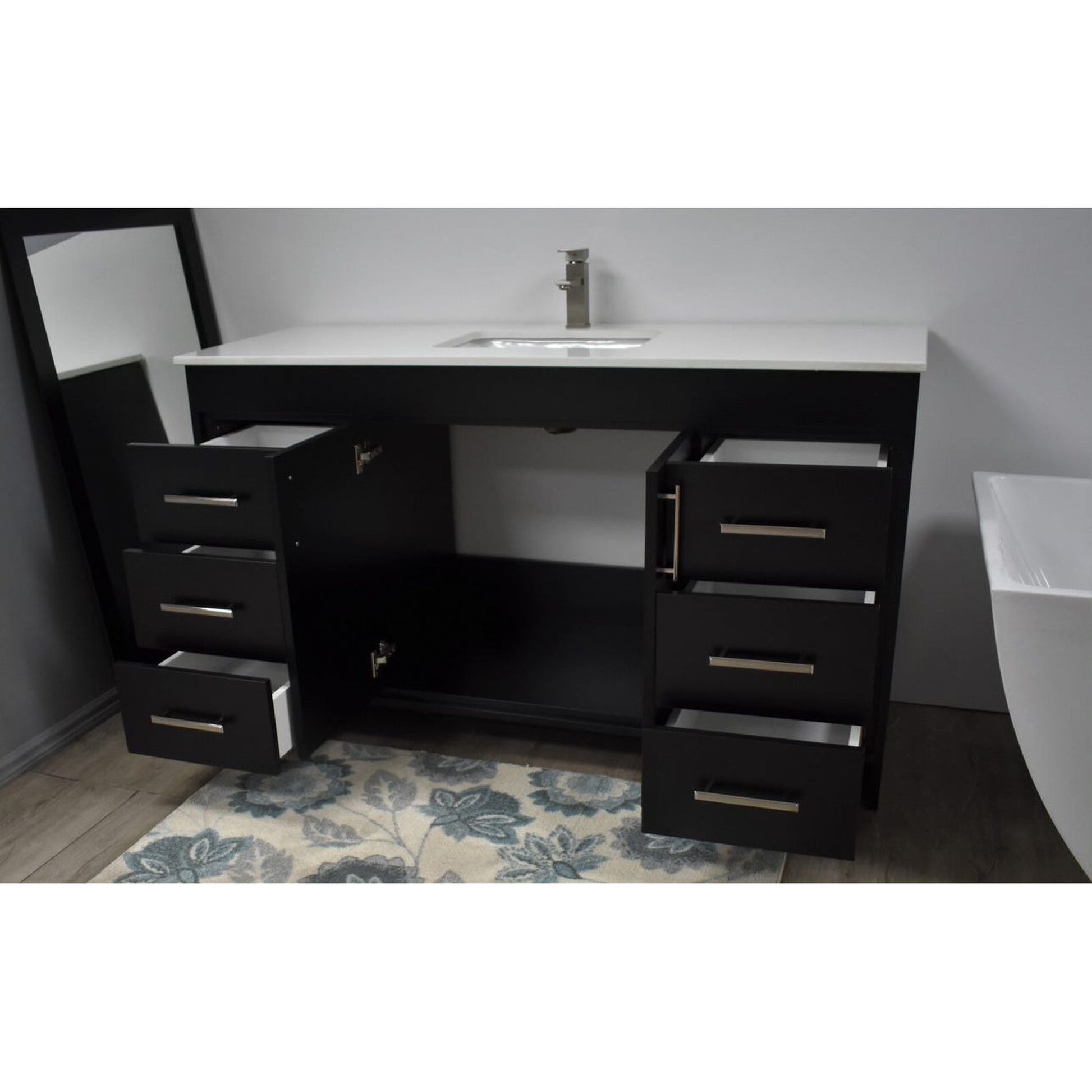 Volpa USA Capri 60" x 22" Black Freestanding Modern Bathroom Vanity With Undermount Single Sink And White Microstone Top With Brushed Nickel Edge Handles