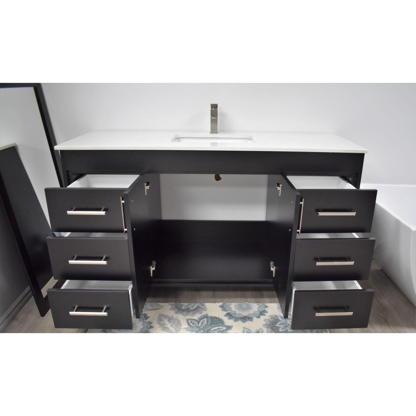 Volpa USA Capri 60" x 22" Black Freestanding Modern Bathroom Vanity With Undermount Single Sink And White Microstone Top With Brushed Nickel Edge Handles