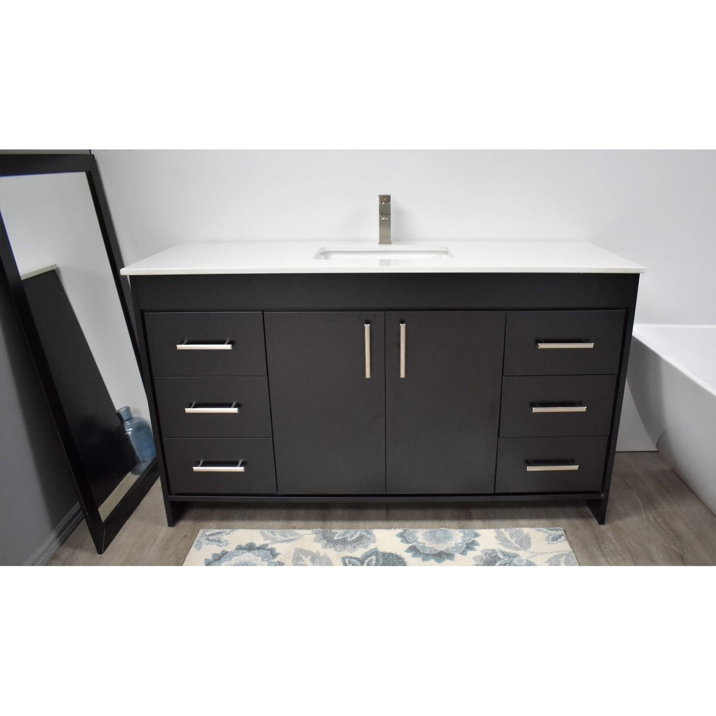 Volpa USA Capri 60" x 22" Black Freestanding Modern Bathroom Vanity With Undermount Single Sink And White Microstone Top With Brushed Nickel Edge Handles