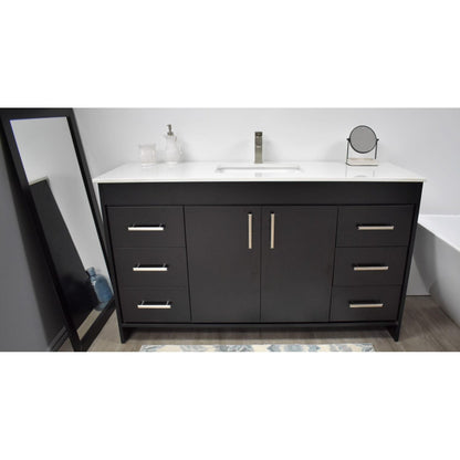 Volpa USA Capri 60" x 22" Black Freestanding Modern Bathroom Vanity With Undermount Single Sink And White Microstone Top With Brushed Nickel Edge Handles