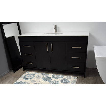 Volpa USA Capri 60" x 22" Black Freestanding Modern Bathroom Vanity With Undermount Single Sink And White Microstone Top With Brushed Nickel Edge Handles