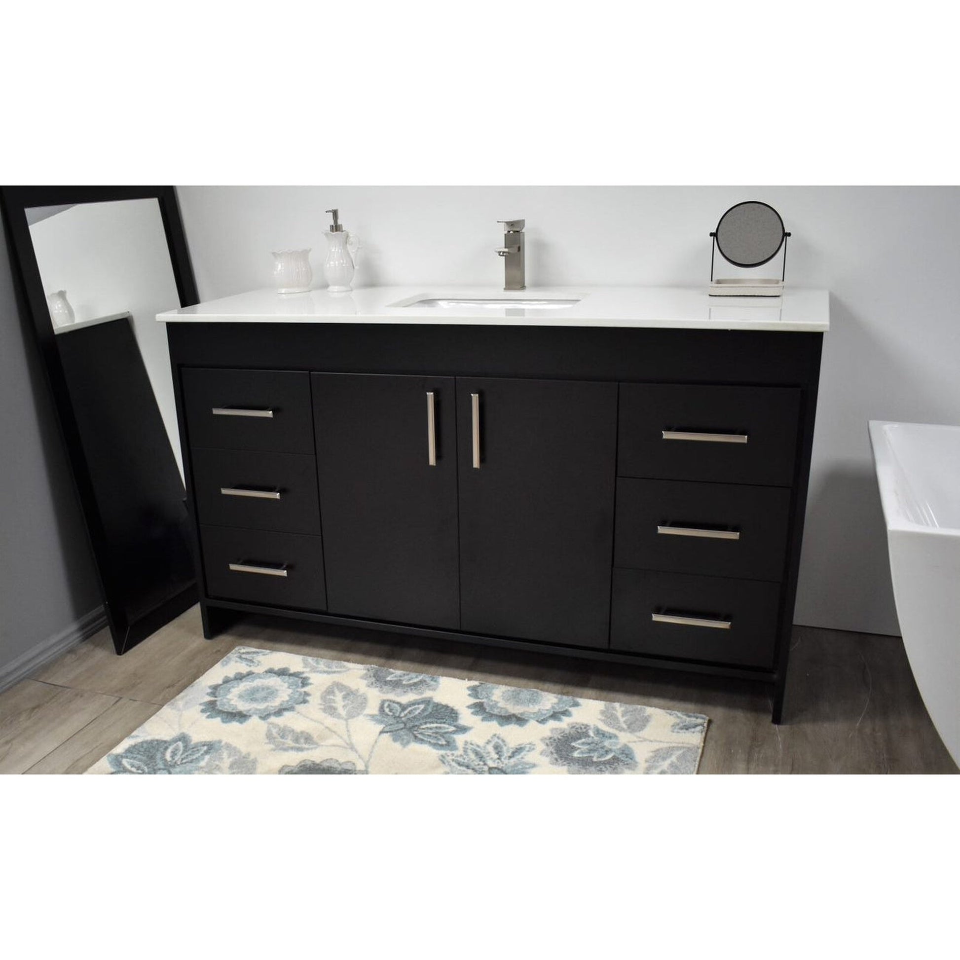 Volpa USA Capri 60" x 22" Black Freestanding Modern Bathroom Vanity With Undermount Single Sink And White Microstone Top With Brushed Nickel Edge Handles