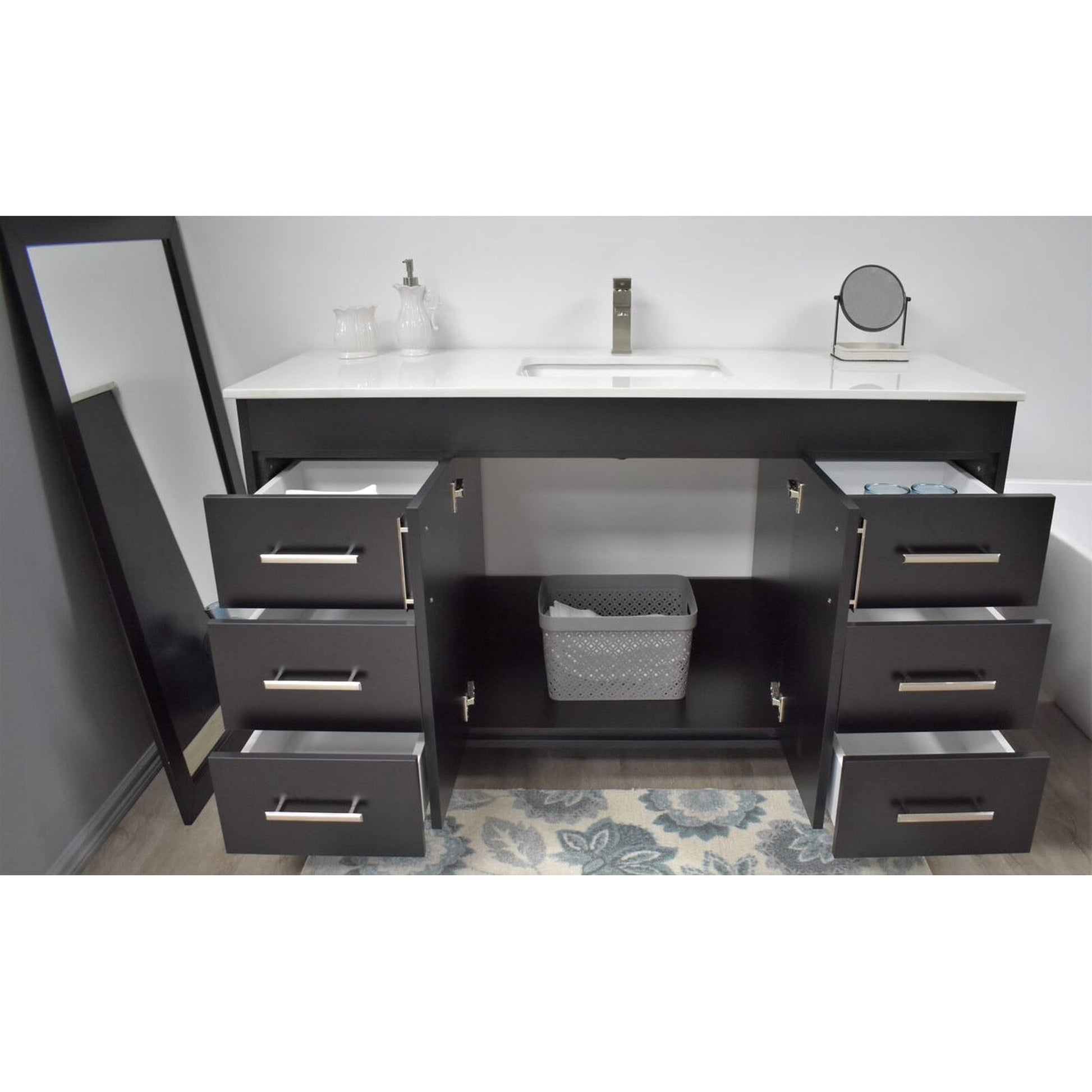 Volpa USA Capri 60" x 22" Black Freestanding Modern Bathroom Vanity With Undermount Single Sink And White Microstone Top With Brushed Nickel Edge Handles