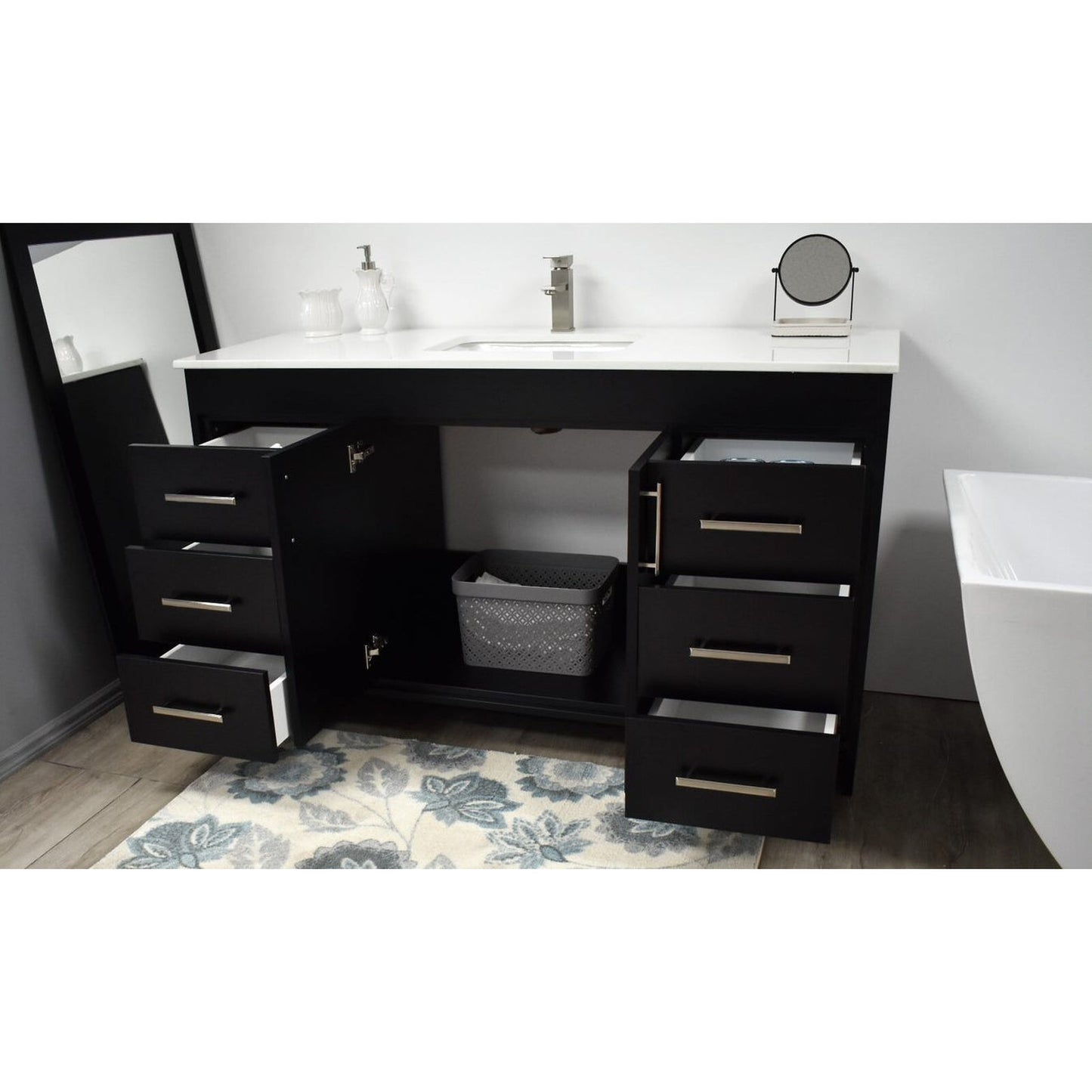 Volpa USA Capri 60" x 22" Black Freestanding Modern Bathroom Vanity With Undermount Single Sink And White Microstone Top With Brushed Nickel Edge Handles