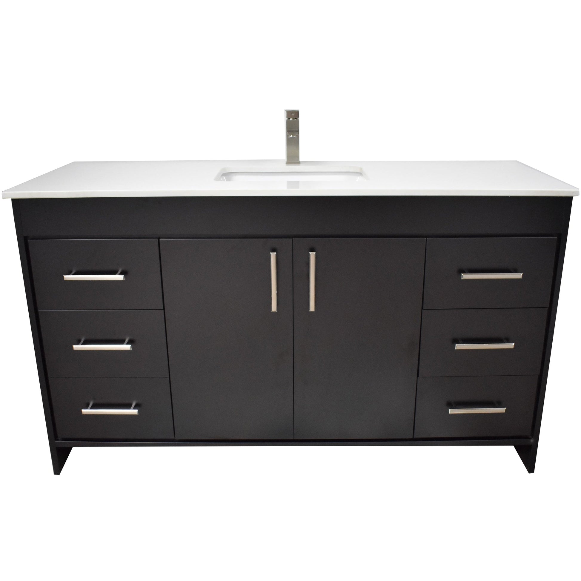 Volpa USA Capri 60" x 22" Black Freestanding Modern Bathroom Vanity With Undermount Single Sink And White Microstone Top With Brushed Nickel Edge Handles