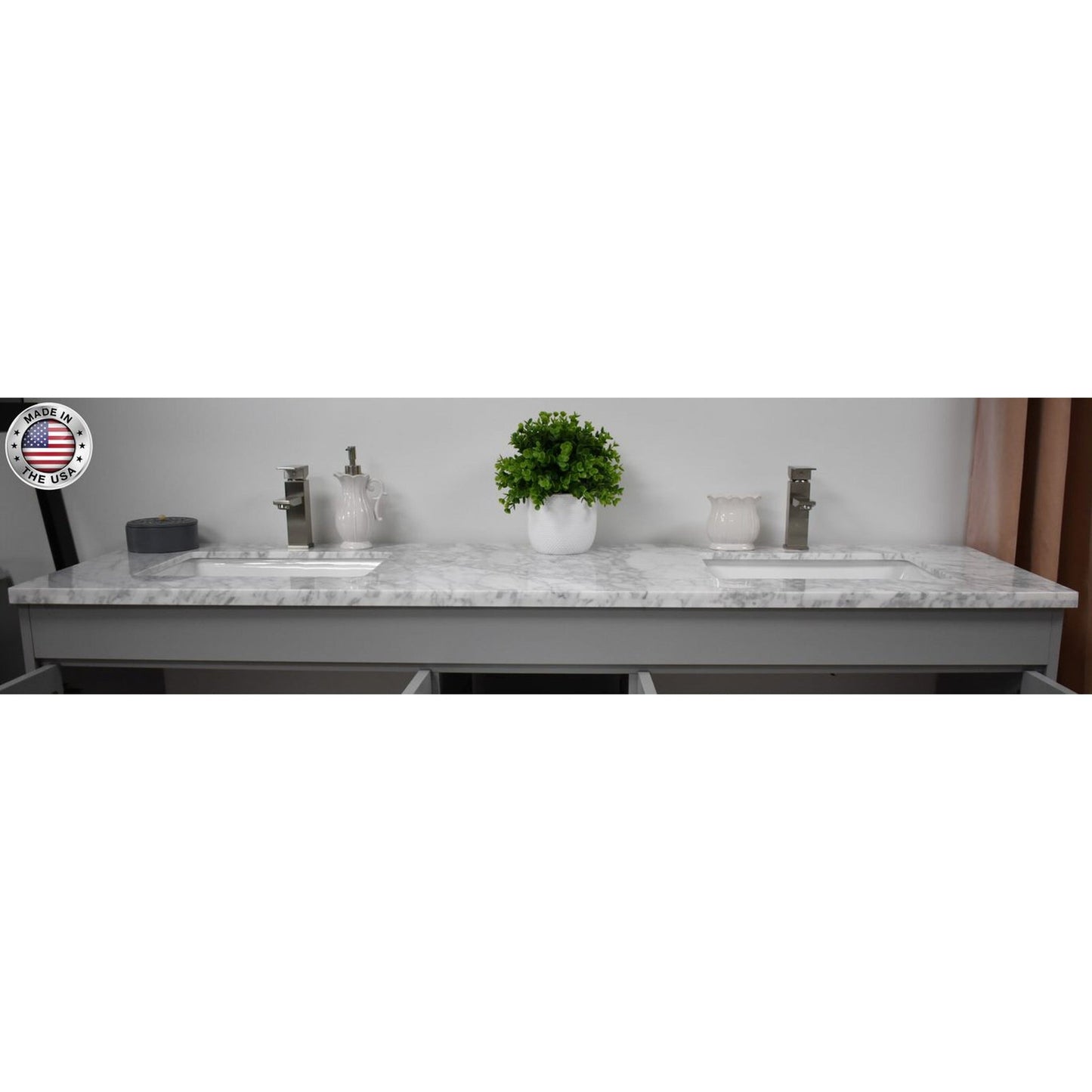 Volpa USA Capri 60" x 22" Gray Freestanding Modern Bathroom Vanity With Undermount Double Sink And Carrara Marble Top With Brushed Nickel Edge Handles