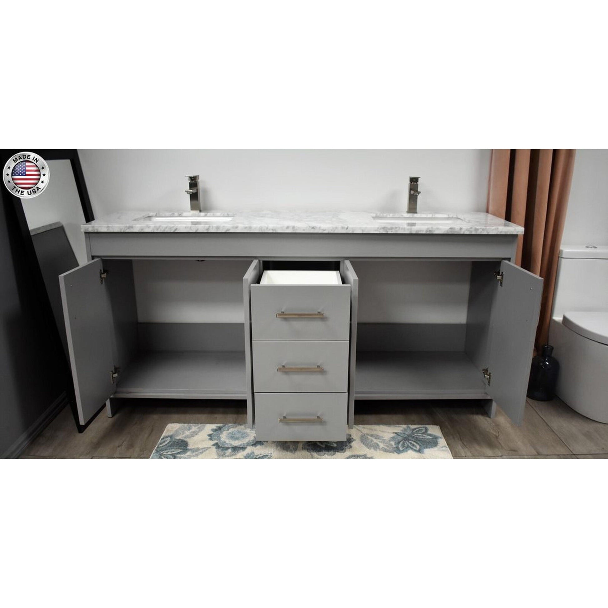 Volpa USA Capri 60" x 22" Gray Freestanding Modern Bathroom Vanity With Undermount Double Sink And Carrara Marble Top With Brushed Nickel Edge Handles