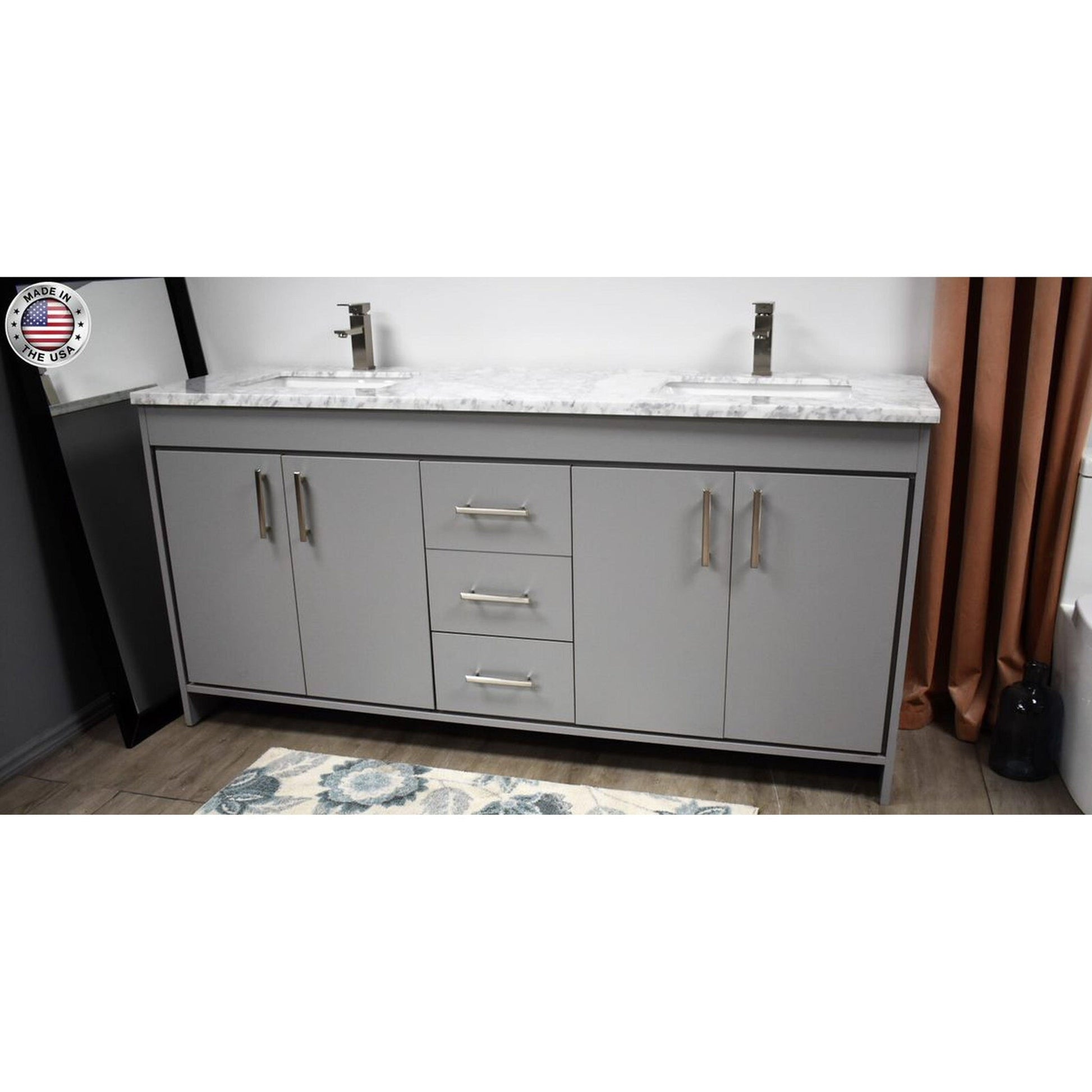 Volpa USA Capri 60" x 22" Gray Freestanding Modern Bathroom Vanity With Undermount Double Sink And Carrara Marble Top With Brushed Nickel Edge Handles