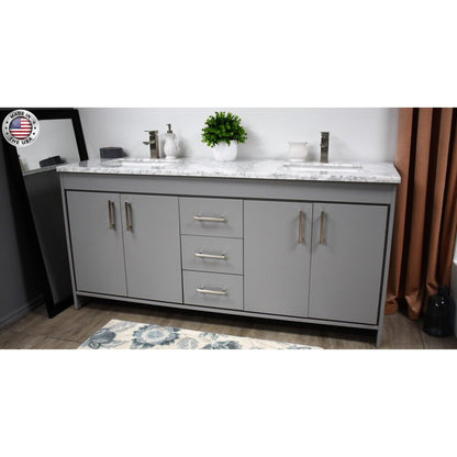 Volpa USA Capri 60" x 22" Gray Freestanding Modern Bathroom Vanity With Undermount Double Sink And Carrara Marble Top With Brushed Nickel Edge Handles