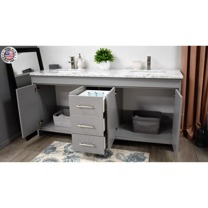 Volpa USA Capri 60" x 22" Gray Freestanding Modern Bathroom Vanity With Undermount Double Sink And Carrara Marble Top With Brushed Nickel Edge Handles