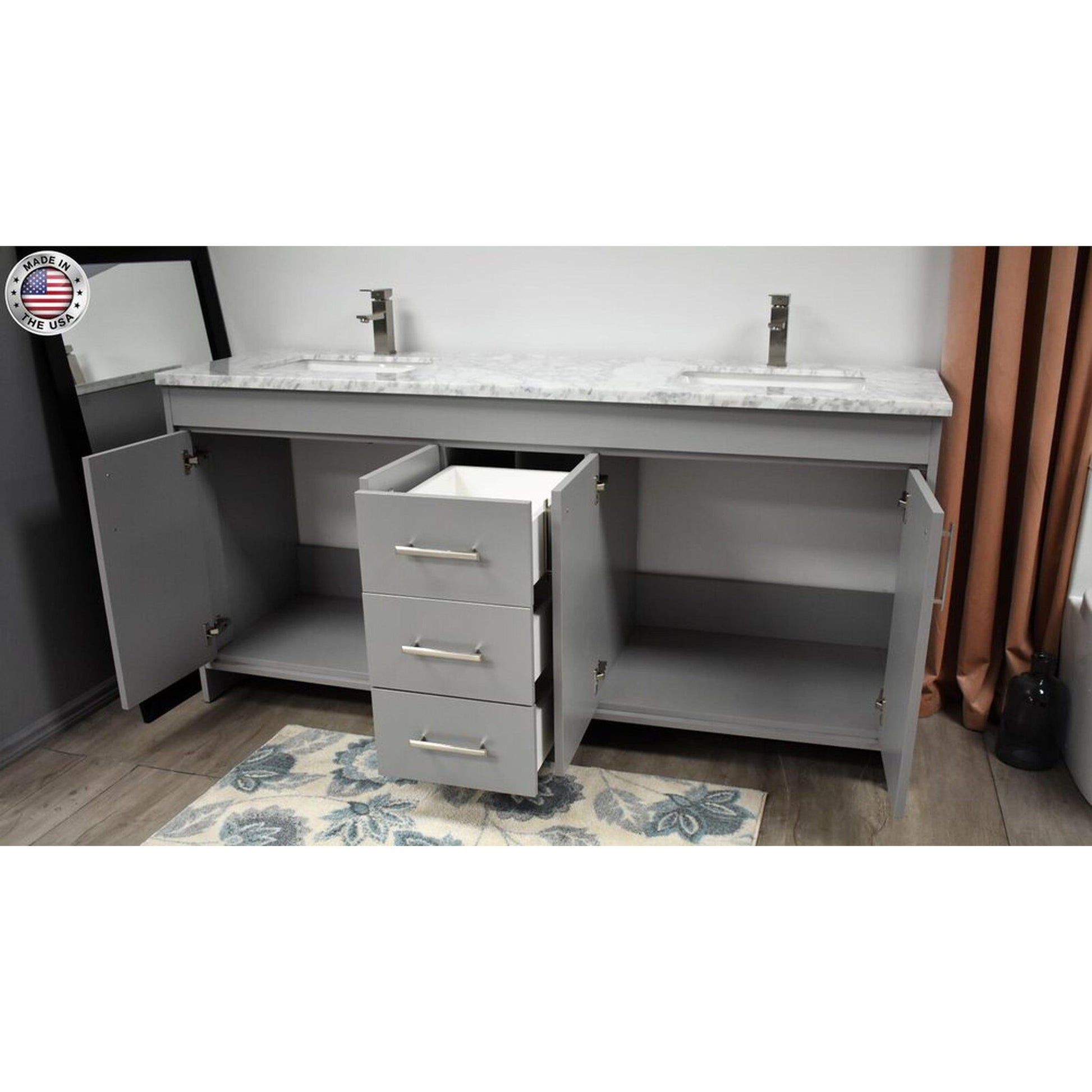 Volpa USA Capri 60" x 22" Gray Freestanding Modern Bathroom Vanity With Undermount Double Sink And Carrara Marble Top With Brushed Nickel Edge Handles