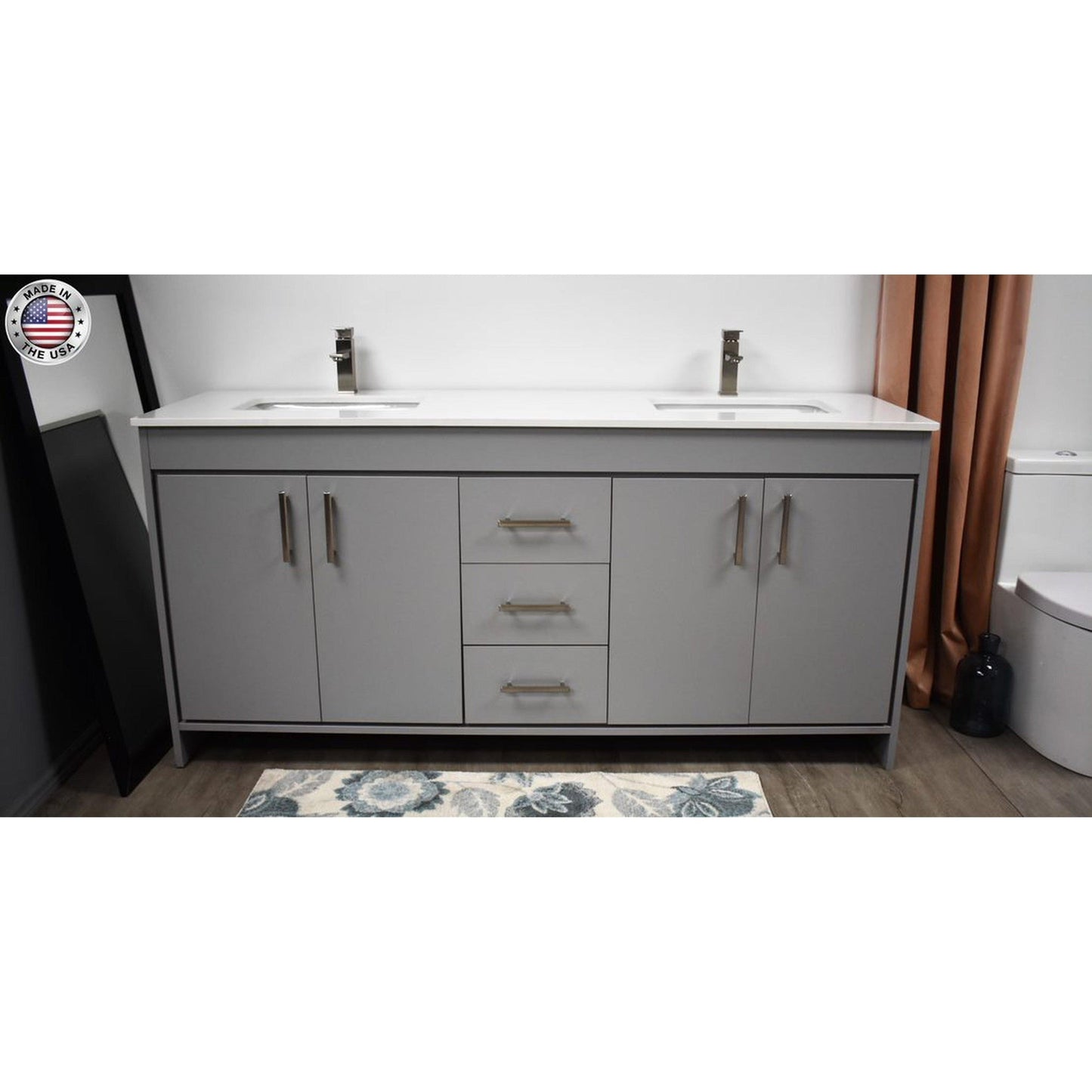 Volpa USA Capri 60" x 22" Gray Freestanding Modern Bathroom Vanity With Undermount Double Sink And White Microstone Top With Brushed Nickel Edge Handles