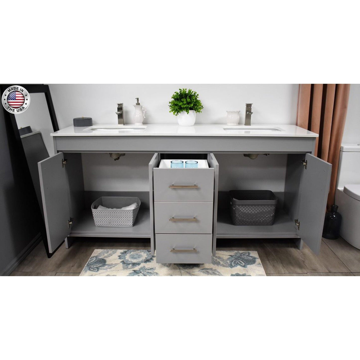 Volpa USA Capri 60" x 22" Gray Freestanding Modern Bathroom Vanity With Undermount Double Sink And White Microstone Top With Brushed Nickel Edge Handles