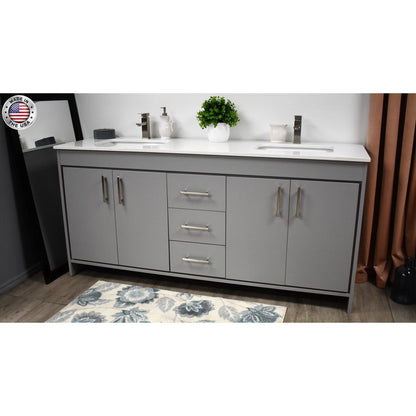 Volpa USA Capri 60" x 22" Gray Freestanding Modern Bathroom Vanity With Undermount Double Sink And White Microstone Top With Brushed Nickel Edge Handles