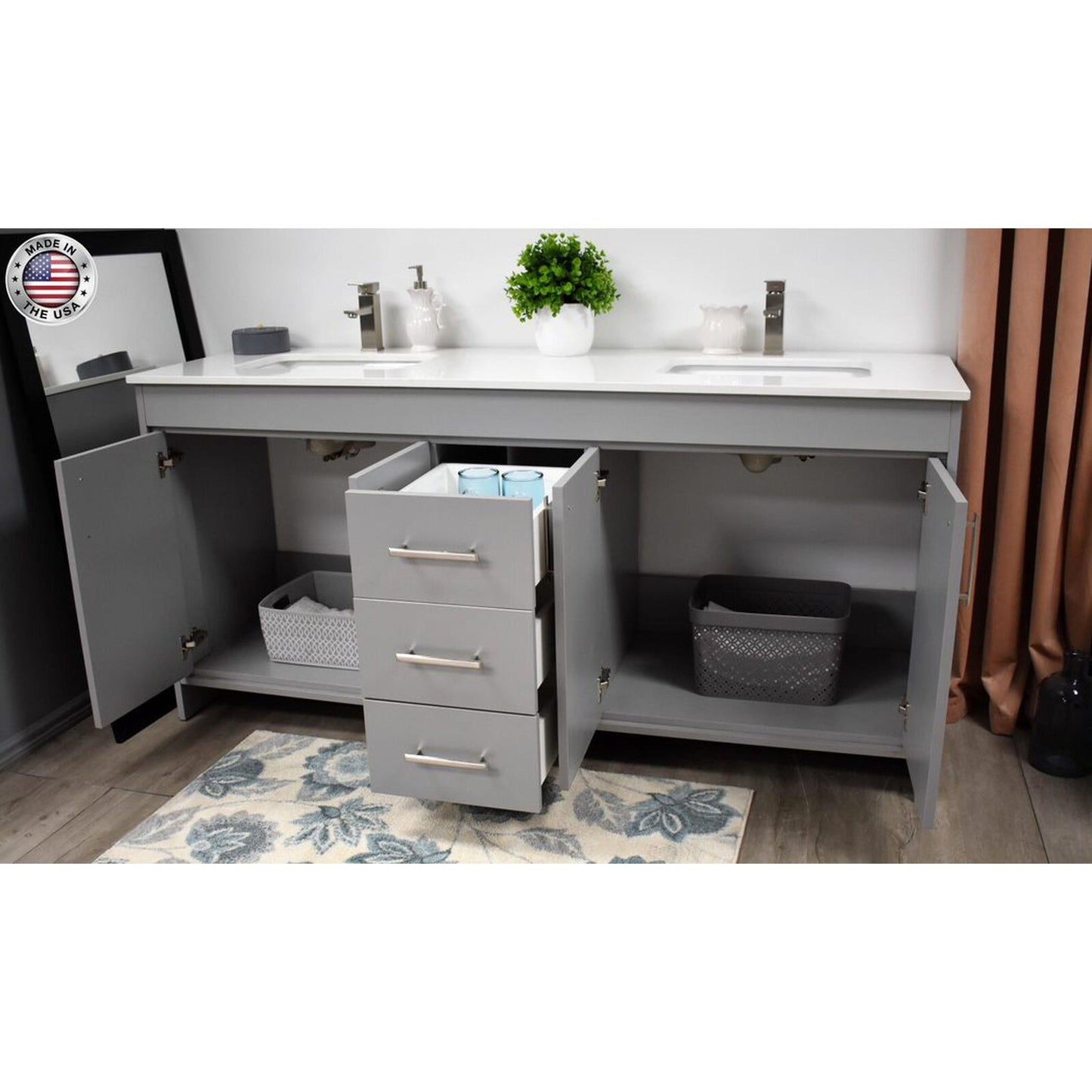 Volpa USA Capri 60" x 22" Gray Freestanding Modern Bathroom Vanity With Undermount Double Sink And White Microstone Top With Brushed Nickel Edge Handles