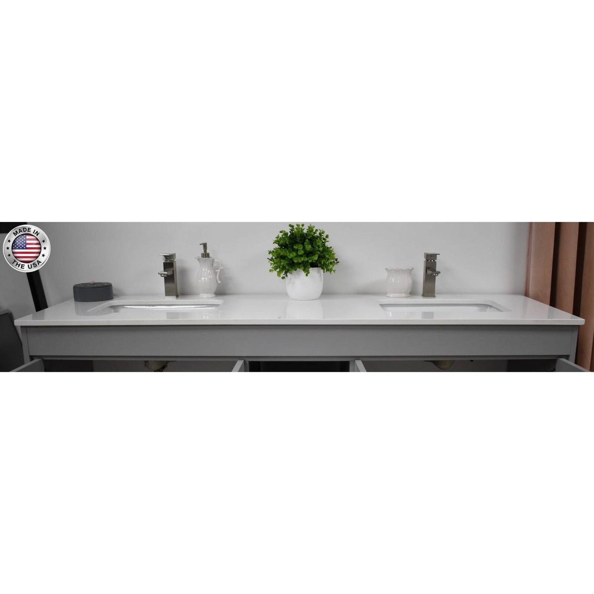 Volpa USA Capri 60" x 22" Gray Freestanding Modern Bathroom Vanity With Undermount Double Sink And White Microstone Top With Brushed Nickel Edge Handles