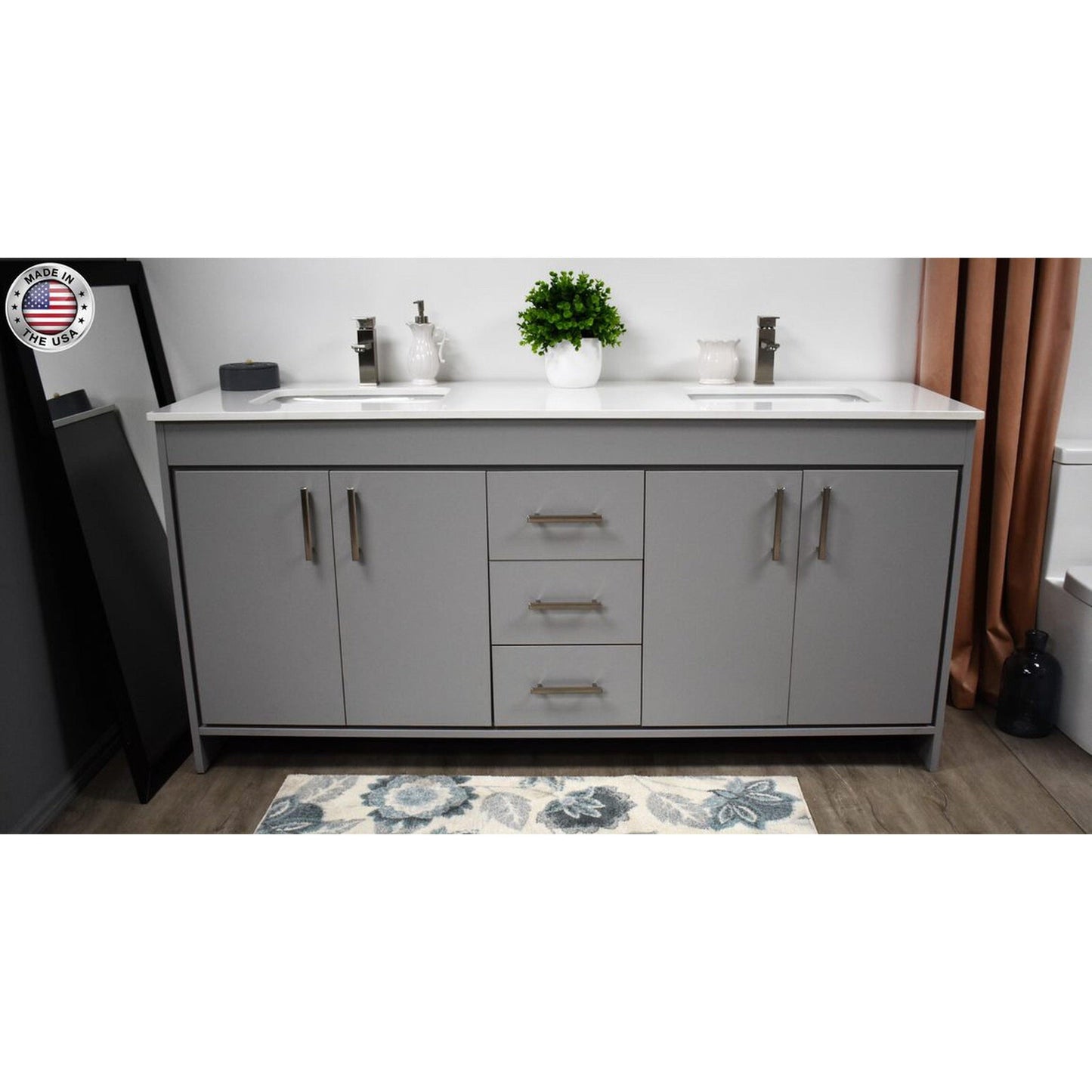 Volpa USA Capri 60" x 22" Gray Freestanding Modern Bathroom Vanity With Undermount Double Sink And White Microstone Top With Brushed Nickel Edge Handles