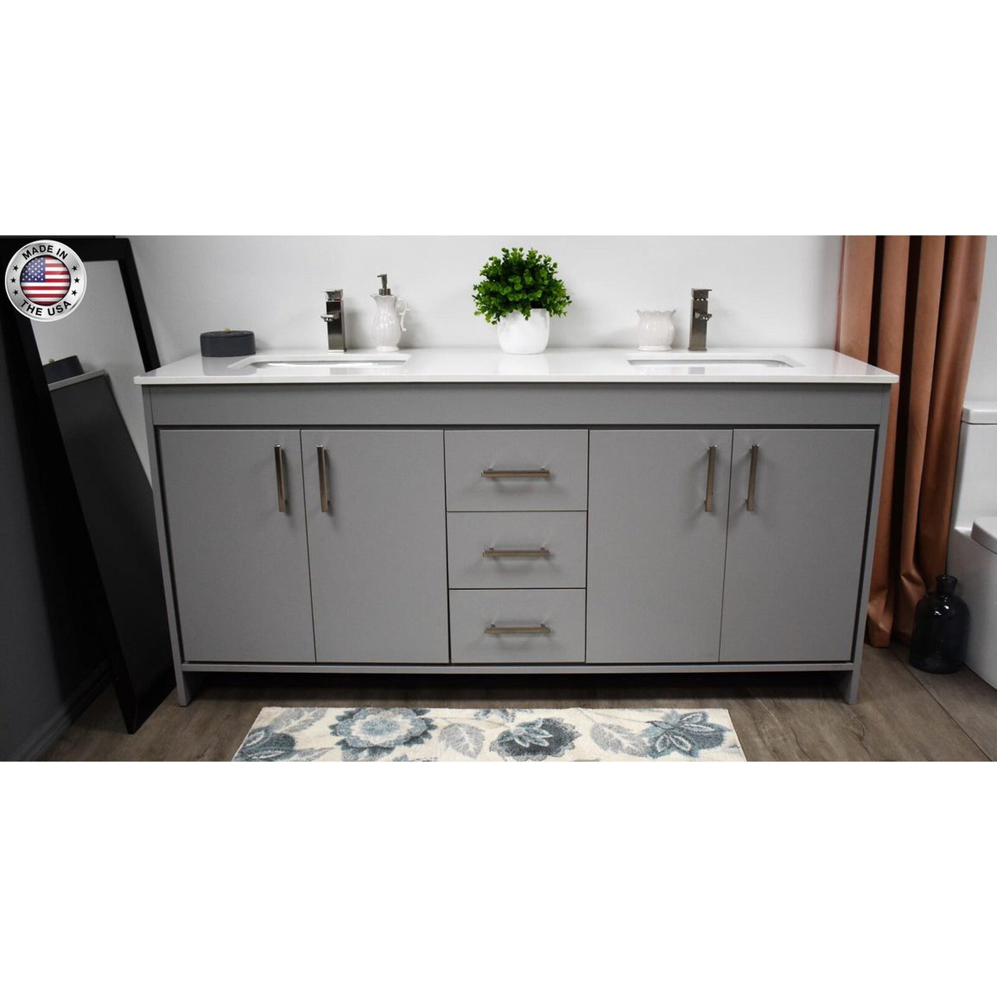 Volpa USA Capri 60" x 22" Gray Freestanding Modern Bathroom Vanity With Undermount Double Sink And White Microstone Top With Brushed Nickel Edge Handles