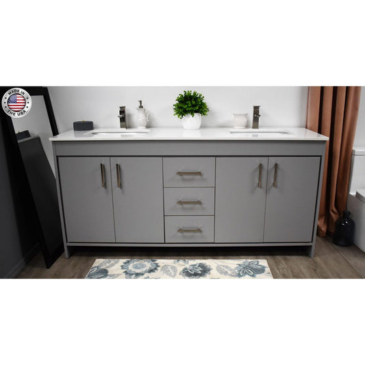 Volpa USA Capri 60" x 22" Gray Freestanding Modern Bathroom Vanity With Undermount Double Sink And White Microstone Top With Brushed Nickel Edge Handles