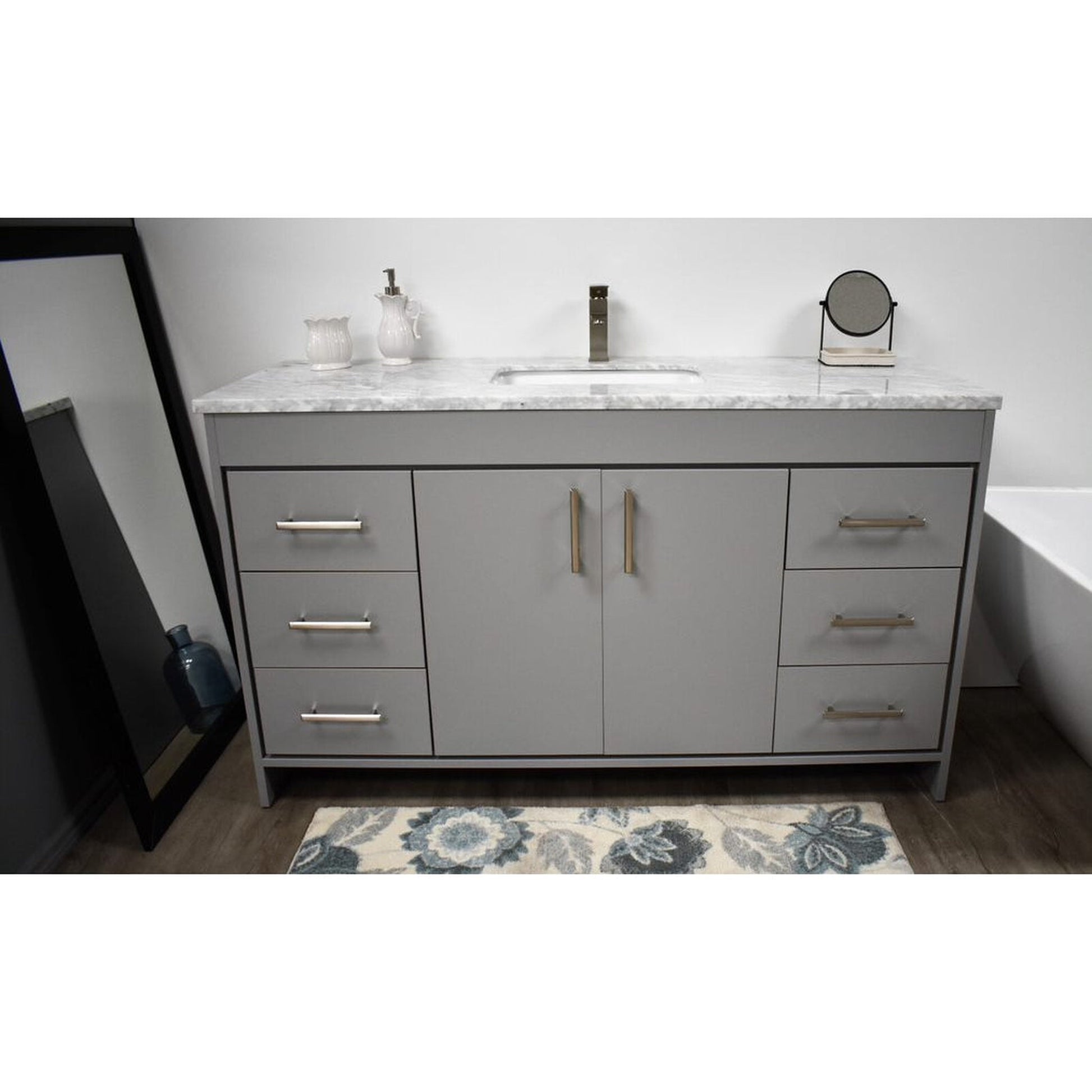 Volpa USA Capri 60" x 22" Gray Freestanding Modern Bathroom Vanity With Undermount Single Sink And Carrara Marble top With Brushed Nickel Edge Handles