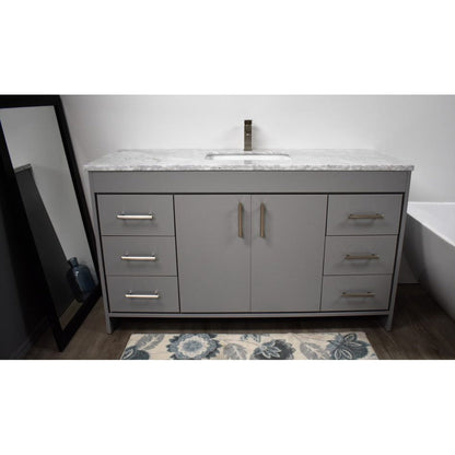 Volpa USA Capri 60" x 22" Gray Freestanding Modern Bathroom Vanity With Undermount Single Sink And Carrara Marble top With Brushed Nickel Edge Handles