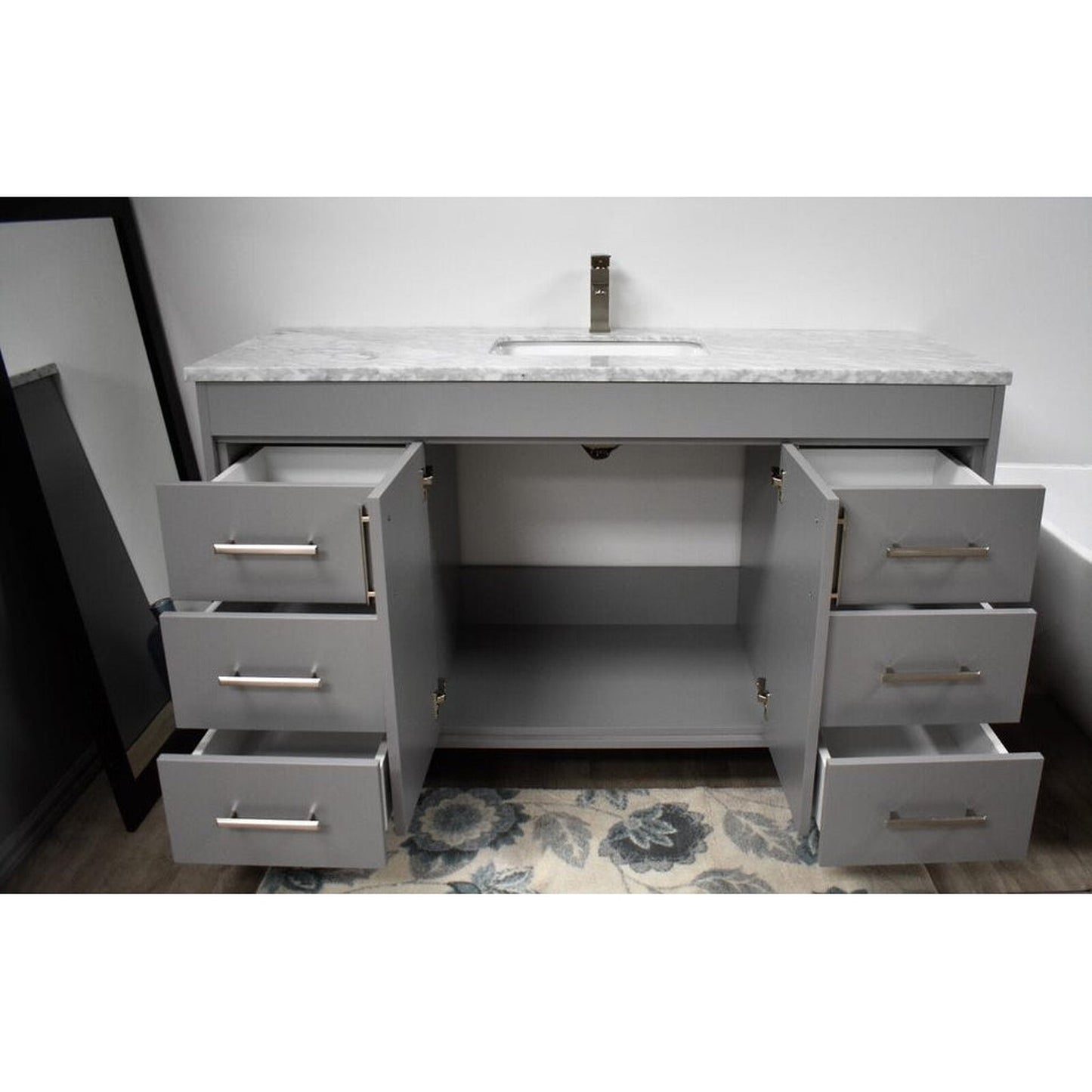 Volpa USA Capri 60" x 22" Gray Freestanding Modern Bathroom Vanity With Undermount Single Sink And Carrara Marble top With Brushed Nickel Edge Handles