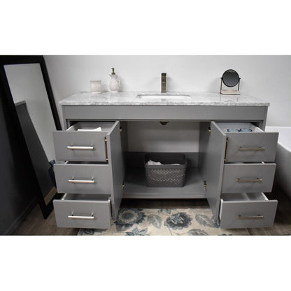 Volpa USA Capri 60" x 22" Gray Freestanding Modern Bathroom Vanity With Undermount Single Sink And Carrara Marble top With Brushed Nickel Edge Handles