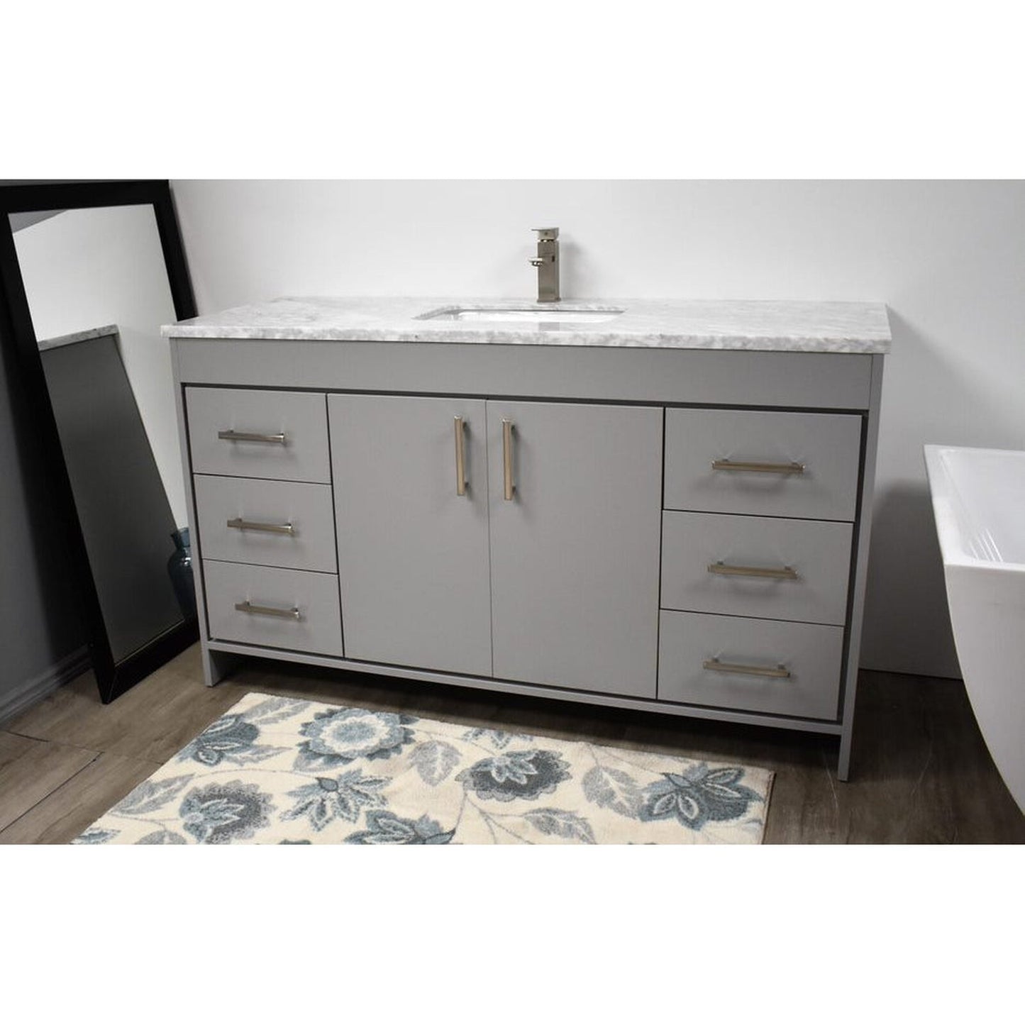 Volpa USA Capri 60" x 22" Gray Freestanding Modern Bathroom Vanity With Undermount Single Sink And Carrara Marble top With Brushed Nickel Edge Handles