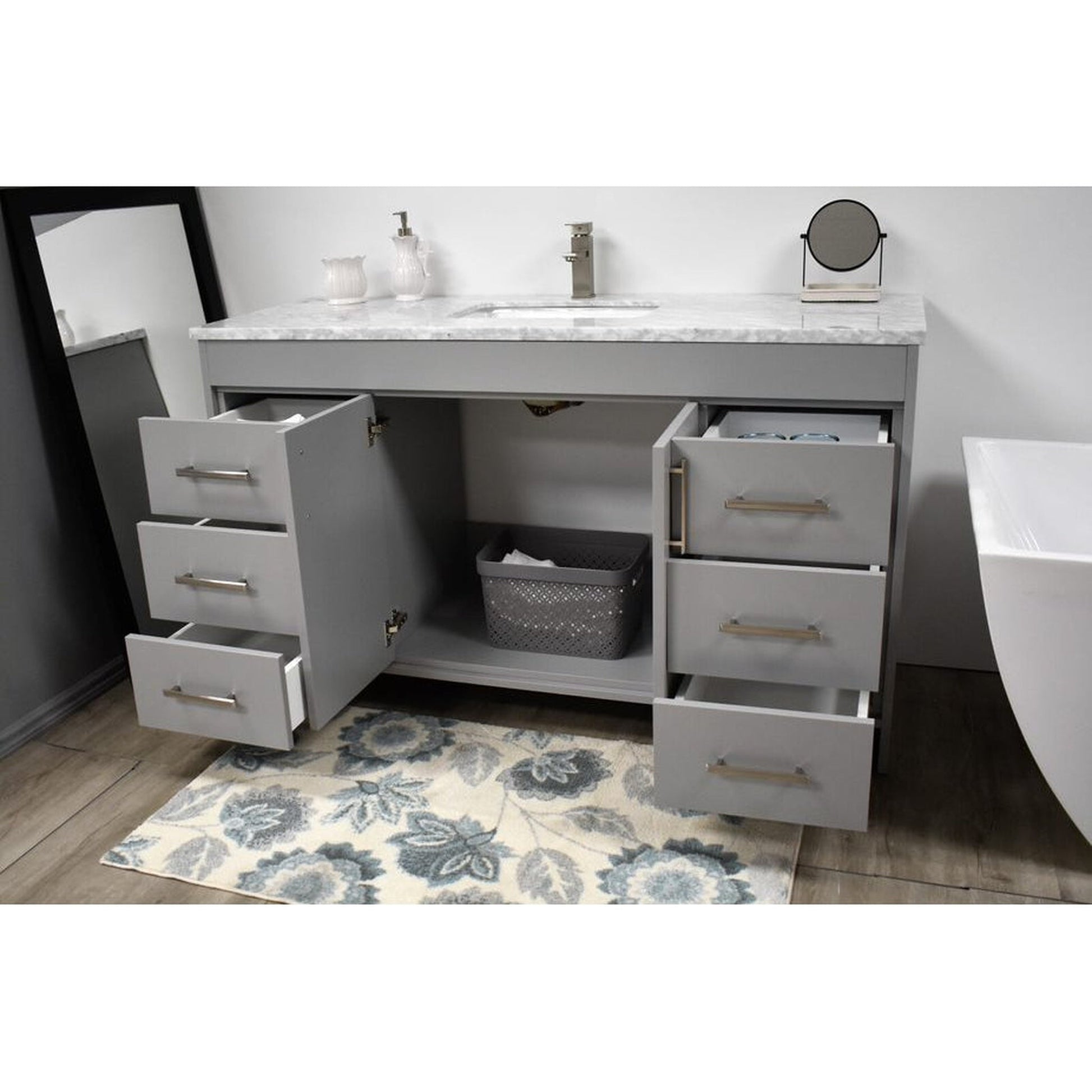 Volpa USA Capri 60" x 22" Gray Freestanding Modern Bathroom Vanity With Undermount Single Sink And Carrara Marble top With Brushed Nickel Edge Handles