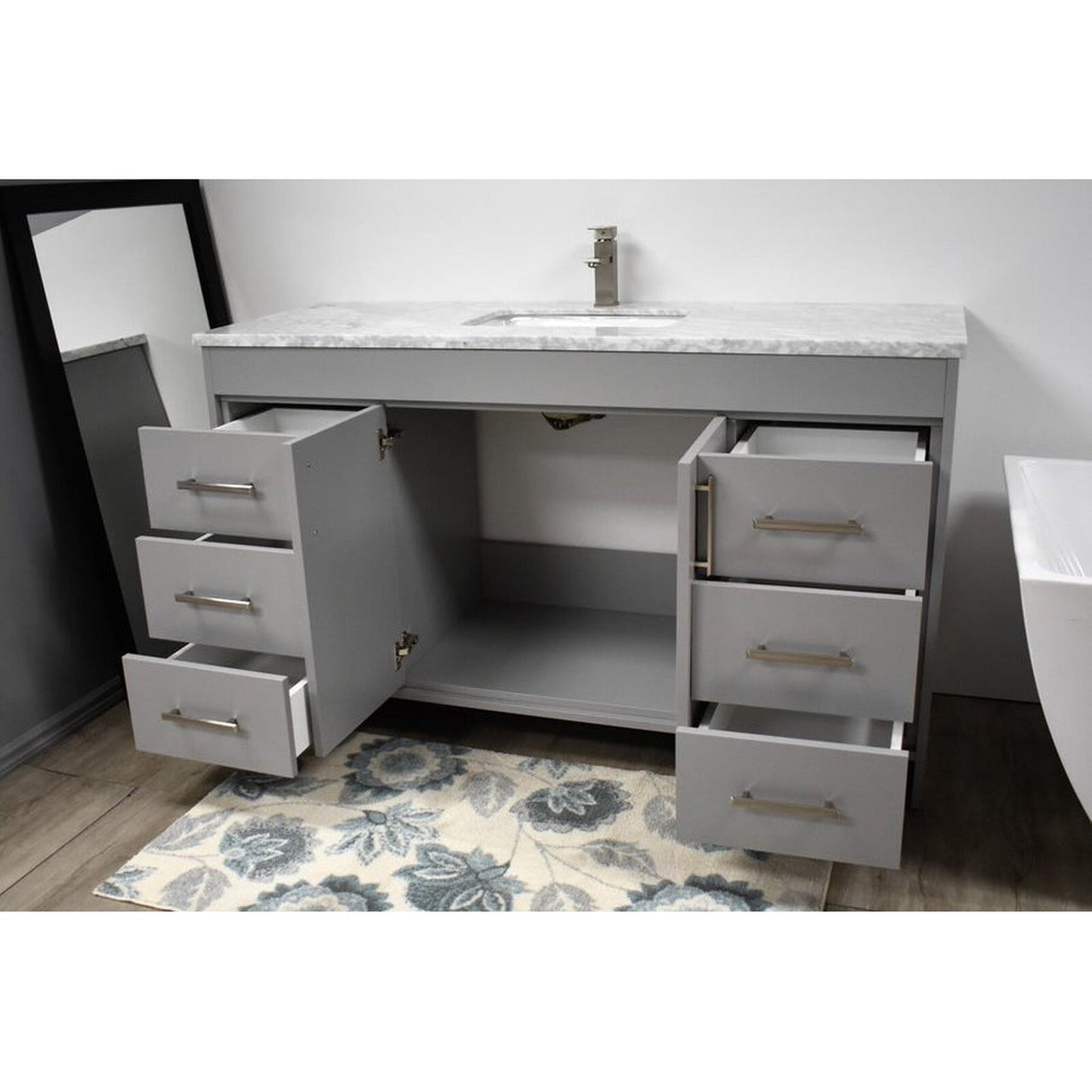 Volpa USA Capri 60" x 22" Gray Freestanding Modern Bathroom Vanity With Undermount Single Sink And Carrara Marble top With Brushed Nickel Edge Handles