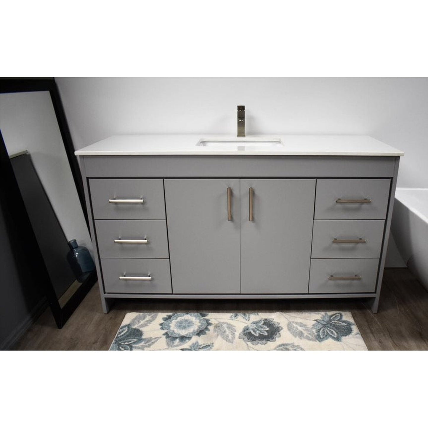 Volpa USA Capri 60" x 22" Gray Freestanding Modern Bathroom Vanity With Undermount Single Sink And White Microstone Top With Brushed Nickel Edge Handles