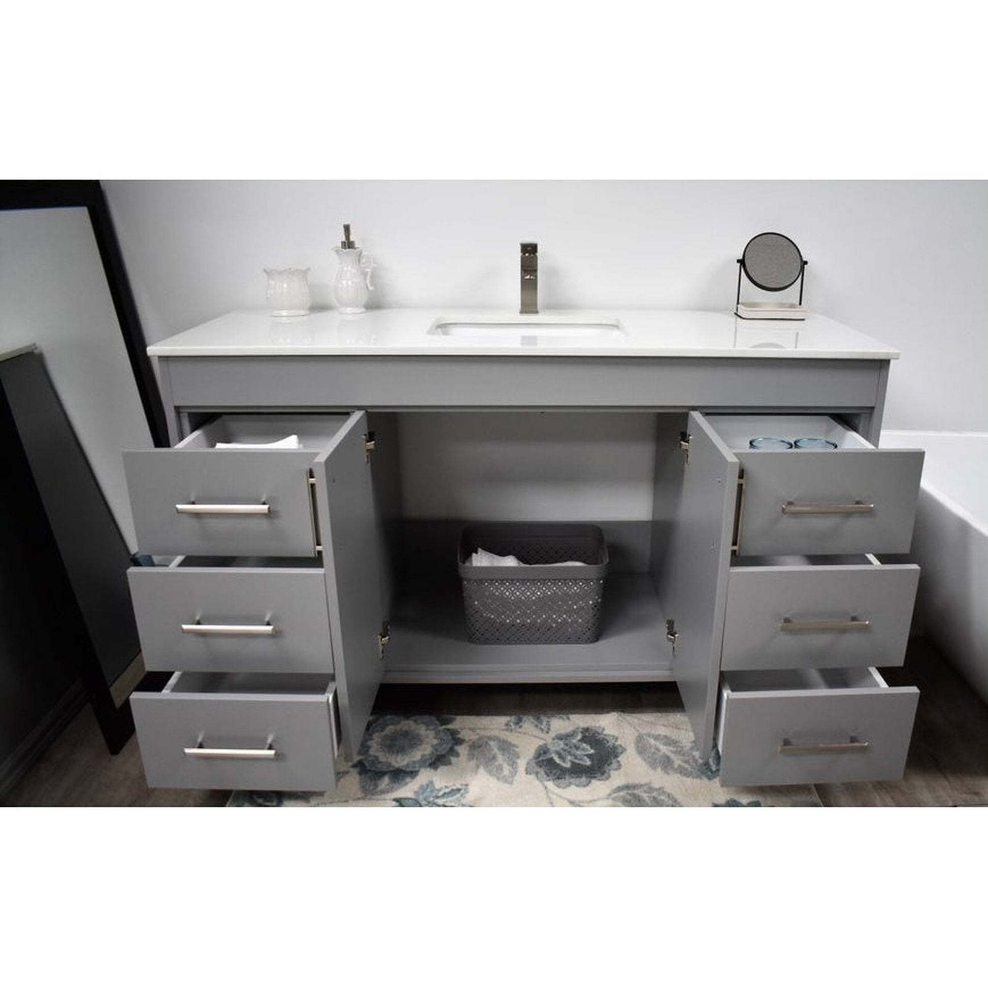 Volpa USA Capri 60" x 22" Gray Freestanding Modern Bathroom Vanity With Undermount Single Sink And White Microstone Top With Brushed Nickel Edge Handles