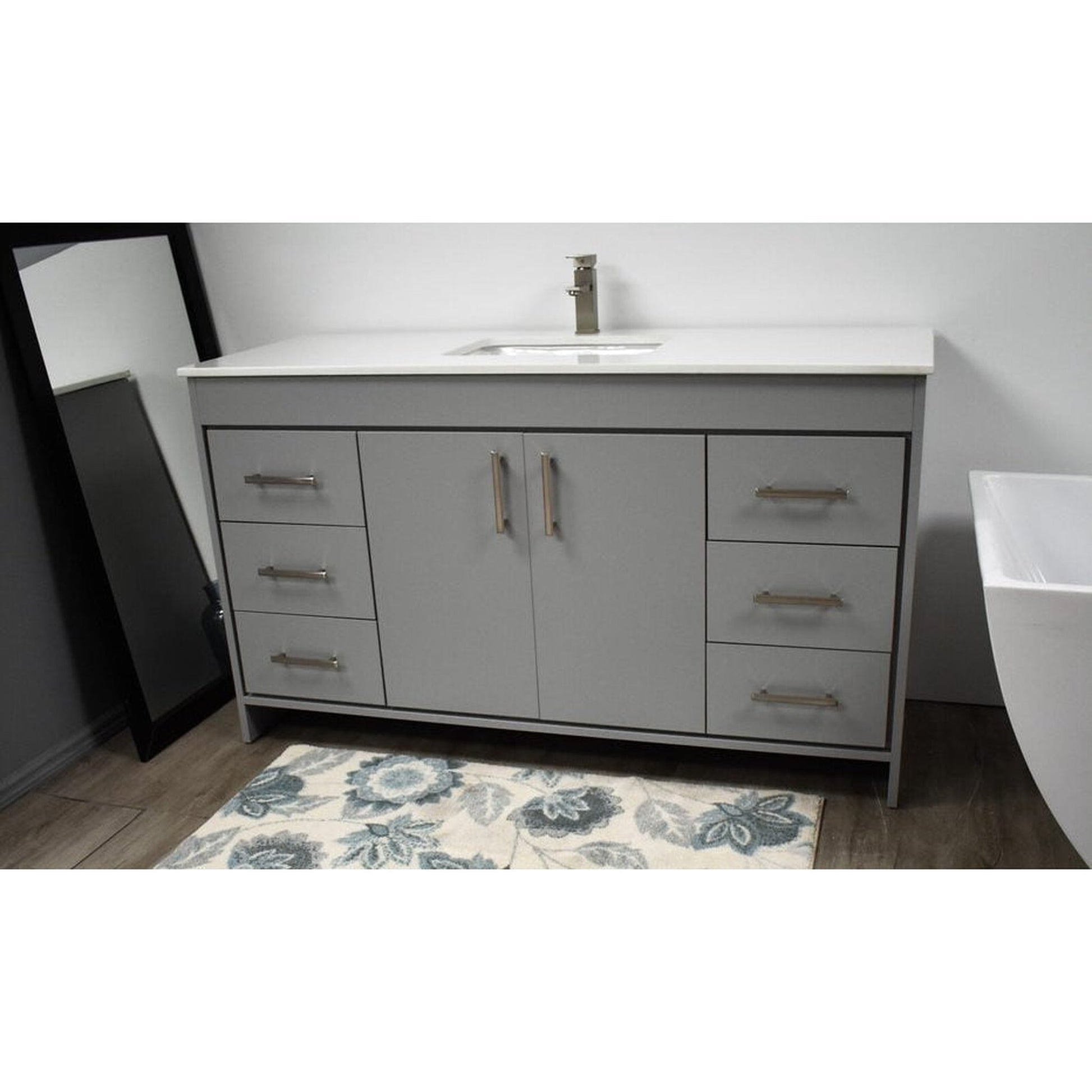 Volpa USA Capri 60" x 22" Gray Freestanding Modern Bathroom Vanity With Undermount Single Sink And White Microstone Top With Brushed Nickel Edge Handles