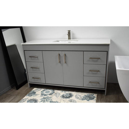 Volpa USA Capri 60" x 22" Gray Freestanding Modern Bathroom Vanity With Undermount Single Sink And White Microstone Top With Brushed Nickel Edge Handles