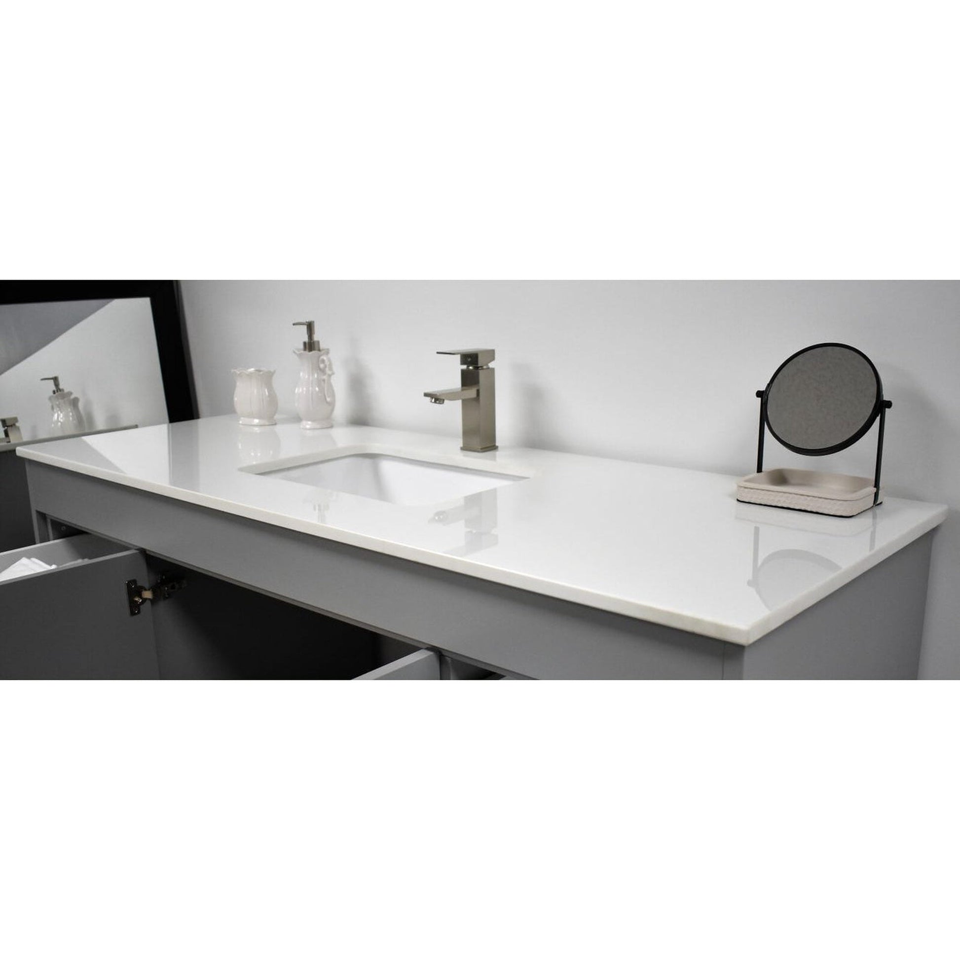 Volpa USA Capri 60" x 22" Gray Freestanding Modern Bathroom Vanity With Undermount Single Sink And White Microstone Top With Brushed Nickel Edge Handles
