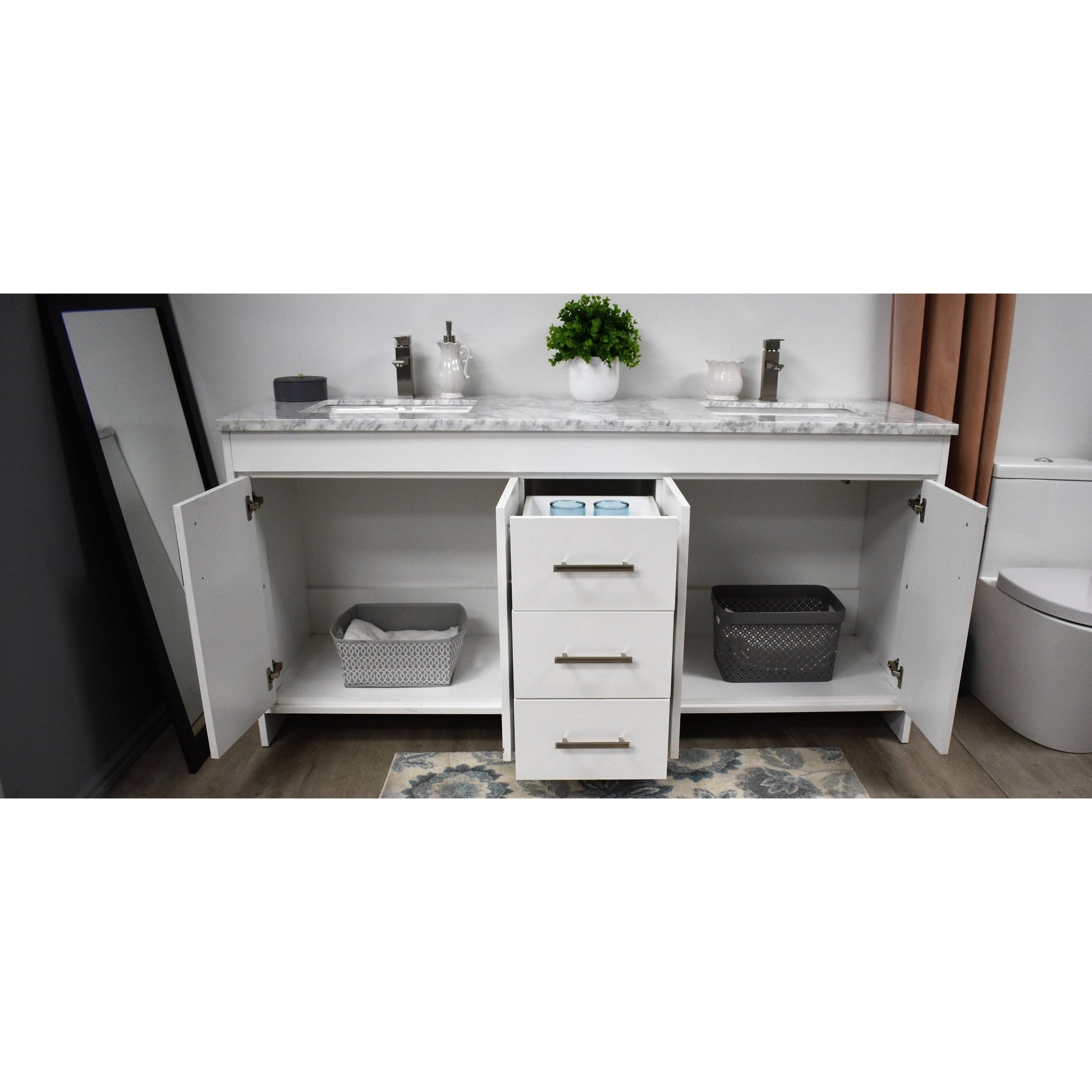 Volpa USA Capri 60" x 22" White Freestanding Modern Bathroom Vanity With Undermount Double Sink And Carrara Marble Top With Brushed Nickel Edge Handles