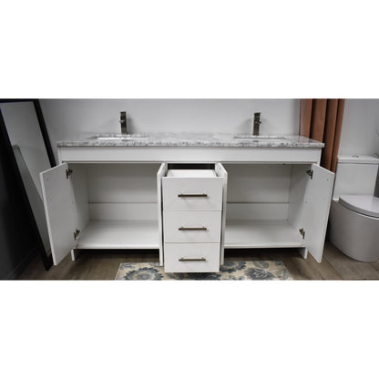 Volpa USA Capri 60" x 22" White Freestanding Modern Bathroom Vanity With Undermount Double Sink And Carrara Marble Top With Brushed Nickel Edge Handles