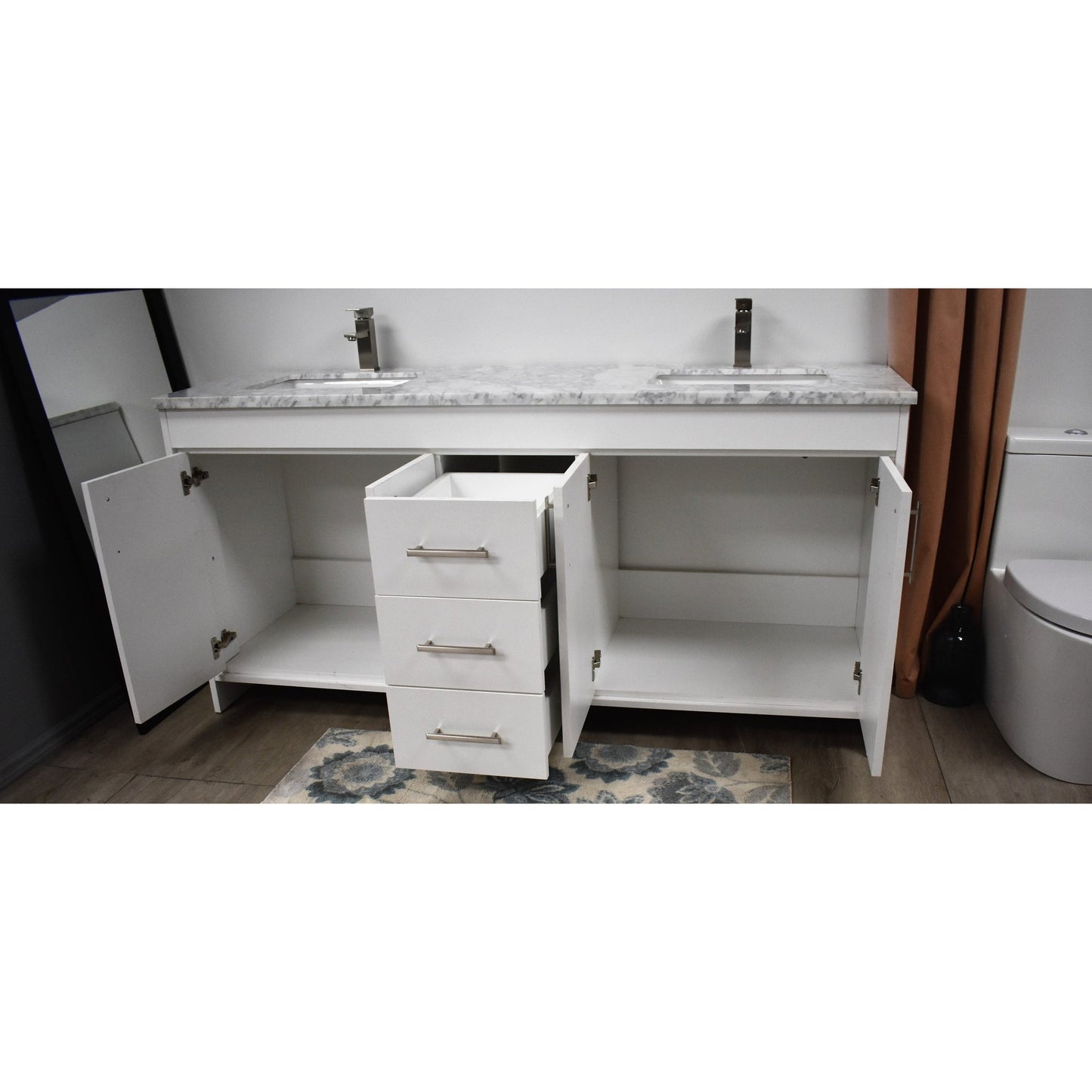 Volpa USA Capri 60" x 22" White Freestanding Modern Bathroom Vanity With Undermount Double Sink And Carrara Marble Top With Brushed Nickel Edge Handles