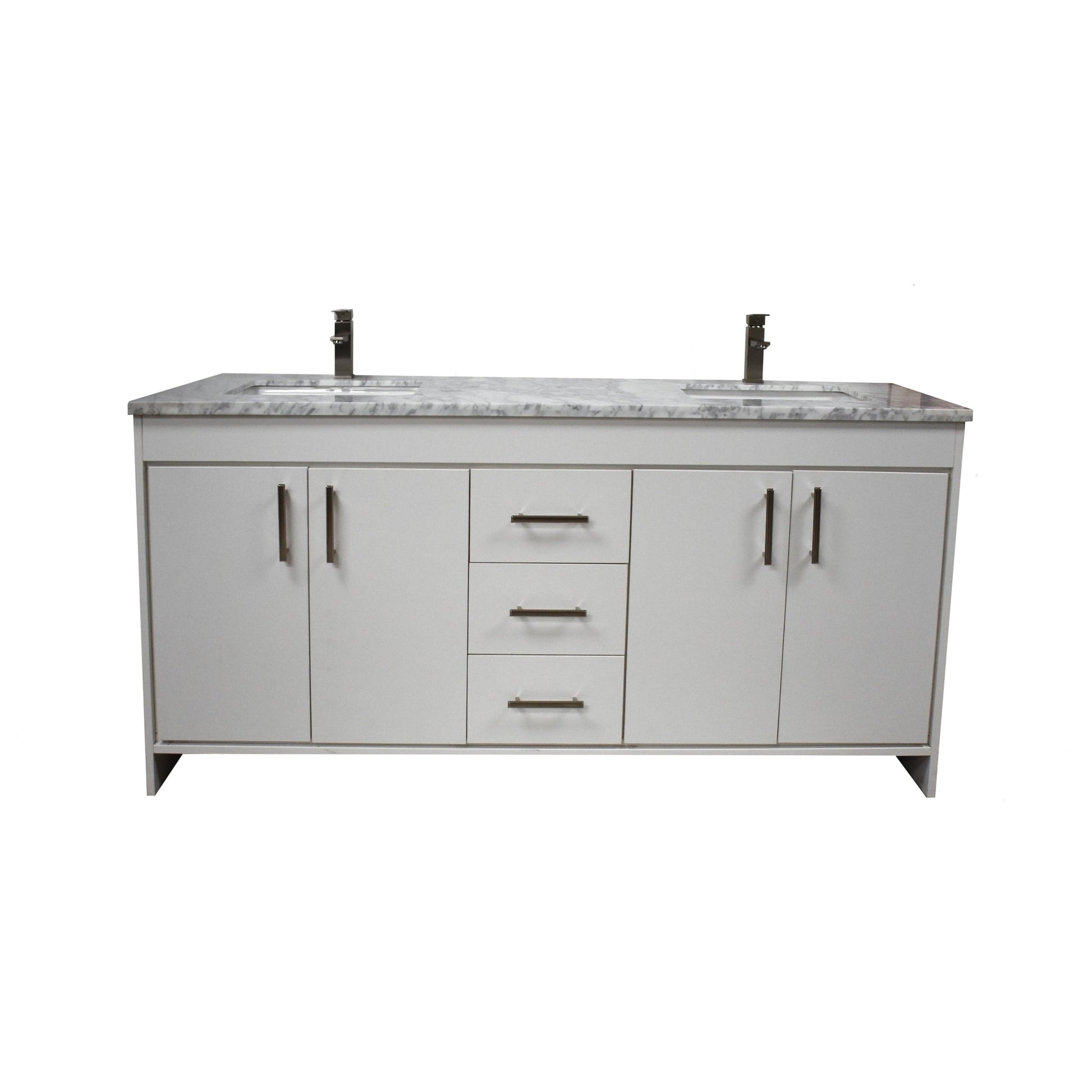 Volpa USA Capri 60" x 22" White Freestanding Modern Bathroom Vanity With Undermount Double Sink And Carrara Marble Top With Brushed Nickel Edge Handles