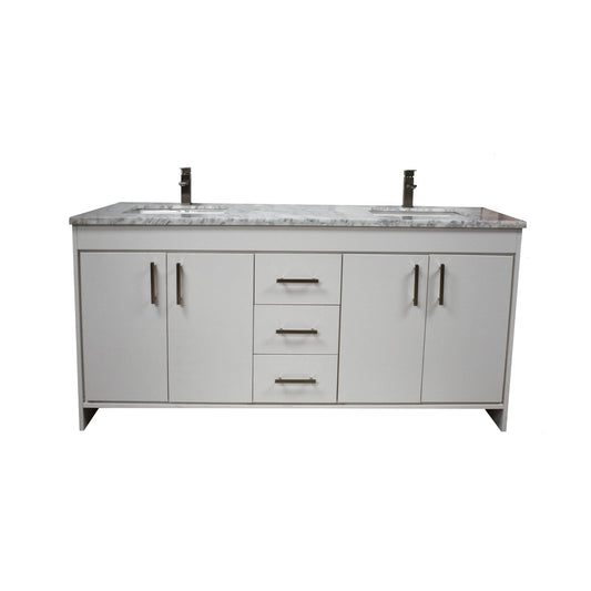 Volpa USA Capri 60" x 22" White Freestanding Modern Bathroom Vanity With Undermount Double Sink And Carrara Marble Top With Brushed Nickel Edge Handles