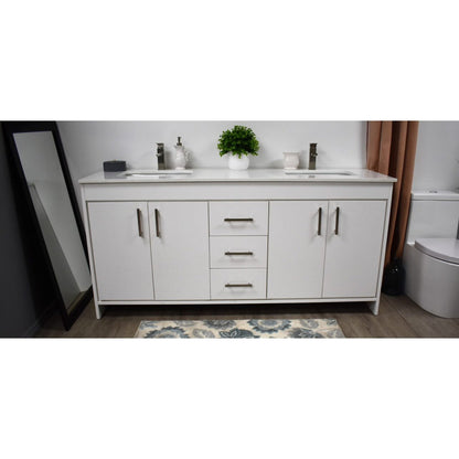 Volpa USA Capri 60" x 22" White Freestanding Modern Bathroom Vanity With Undermount Double Sink And White Microstone Top With Brushed Nickel Edge Handles