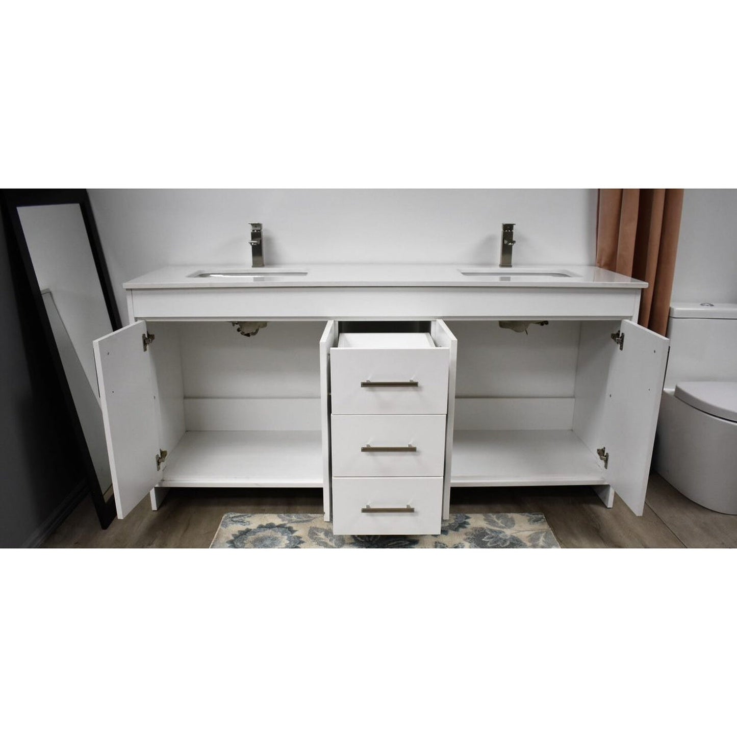 Volpa USA Capri 60" x 22" White Freestanding Modern Bathroom Vanity With Undermount Double Sink And White Microstone Top With Brushed Nickel Edge Handles