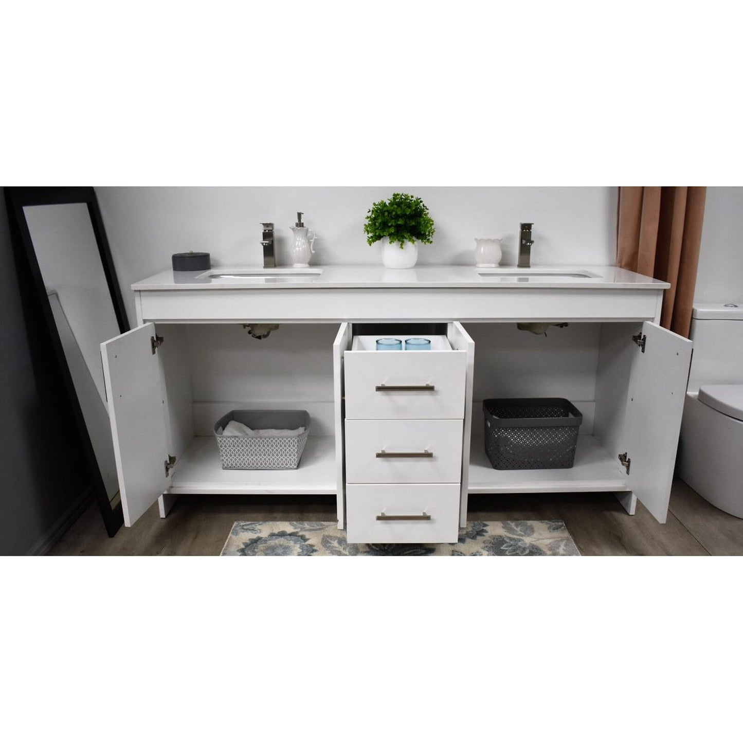 Volpa USA Capri 60" x 22" White Freestanding Modern Bathroom Vanity With Undermount Double Sink And White Microstone Top With Brushed Nickel Edge Handles