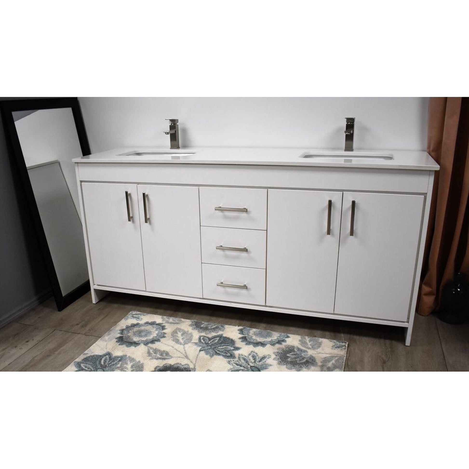 Volpa USA Capri 60" x 22" White Freestanding Modern Bathroom Vanity With Undermount Double Sink And White Microstone Top With Brushed Nickel Edge Handles