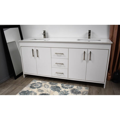 Volpa USA Capri 60" x 22" White Freestanding Modern Bathroom Vanity With Undermount Double Sink And White Microstone Top With Brushed Nickel Edge Handles