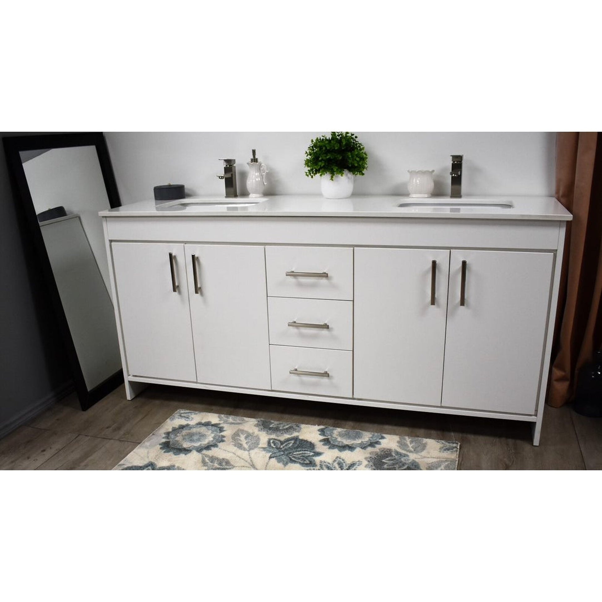 Volpa USA Capri 60" x 22" White Freestanding Modern Bathroom Vanity With Undermount Double Sink And White Microstone Top With Brushed Nickel Edge Handles